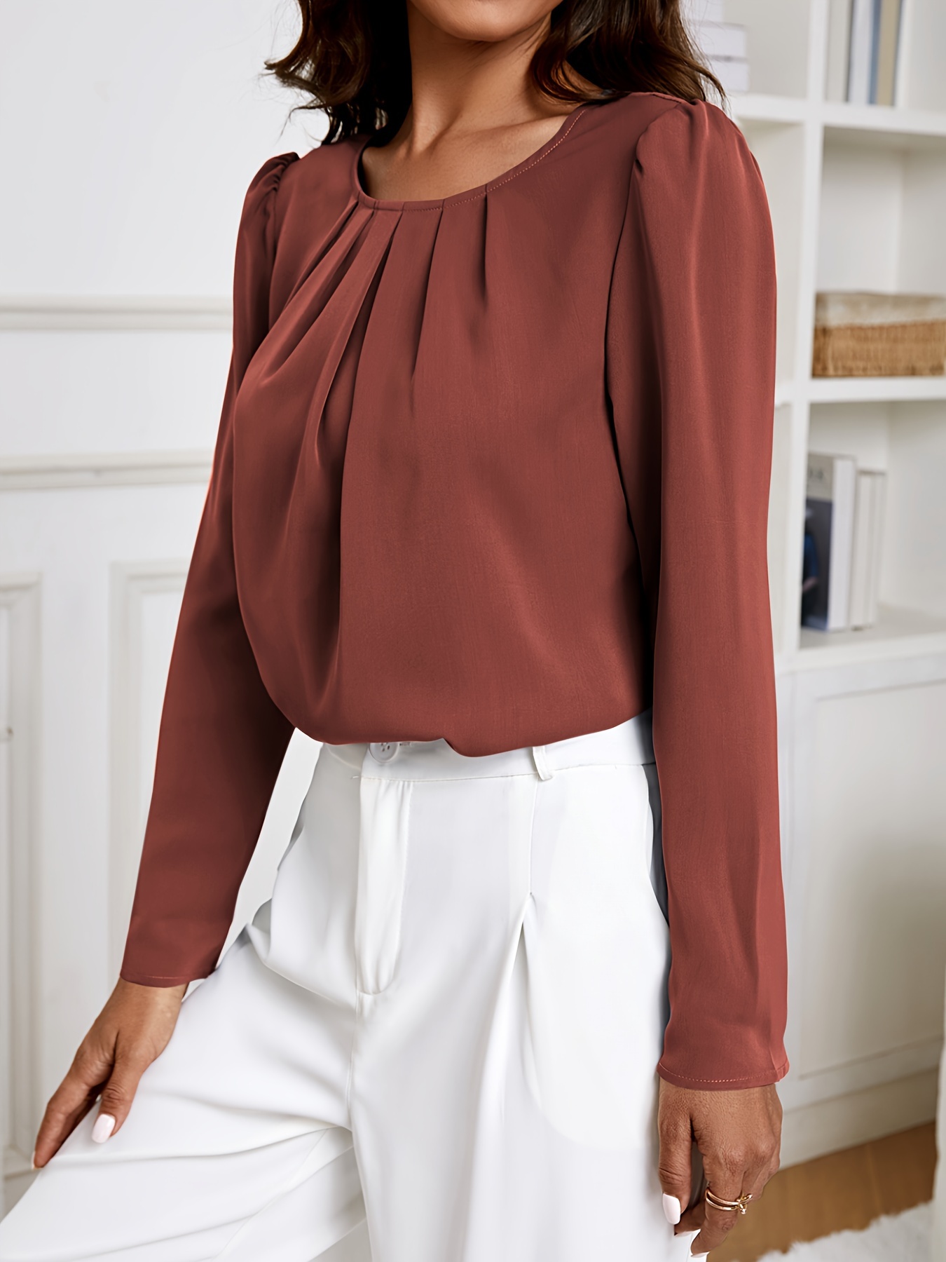 solid crew neck ruched blouse elegant long sleeve blouse for spring fall womens clothing details 41