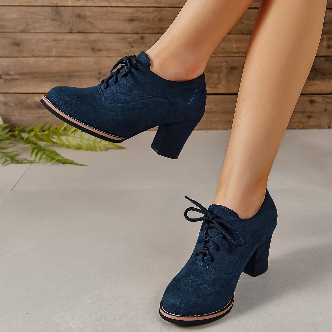 womens solid color trendy shoes lace up shallow mouth chunky heel casual shoes versatile round toe shoes details 7