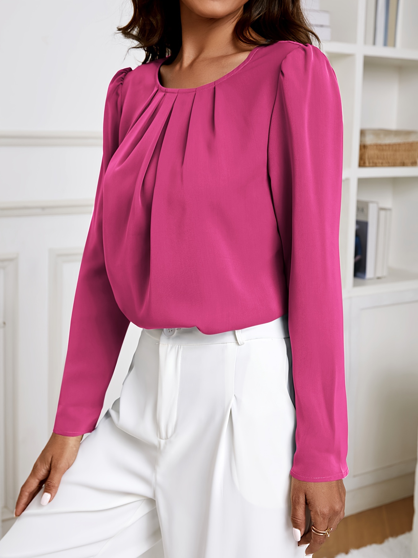 solid crew neck ruched blouse elegant long sleeve blouse for spring fall womens clothing details 59