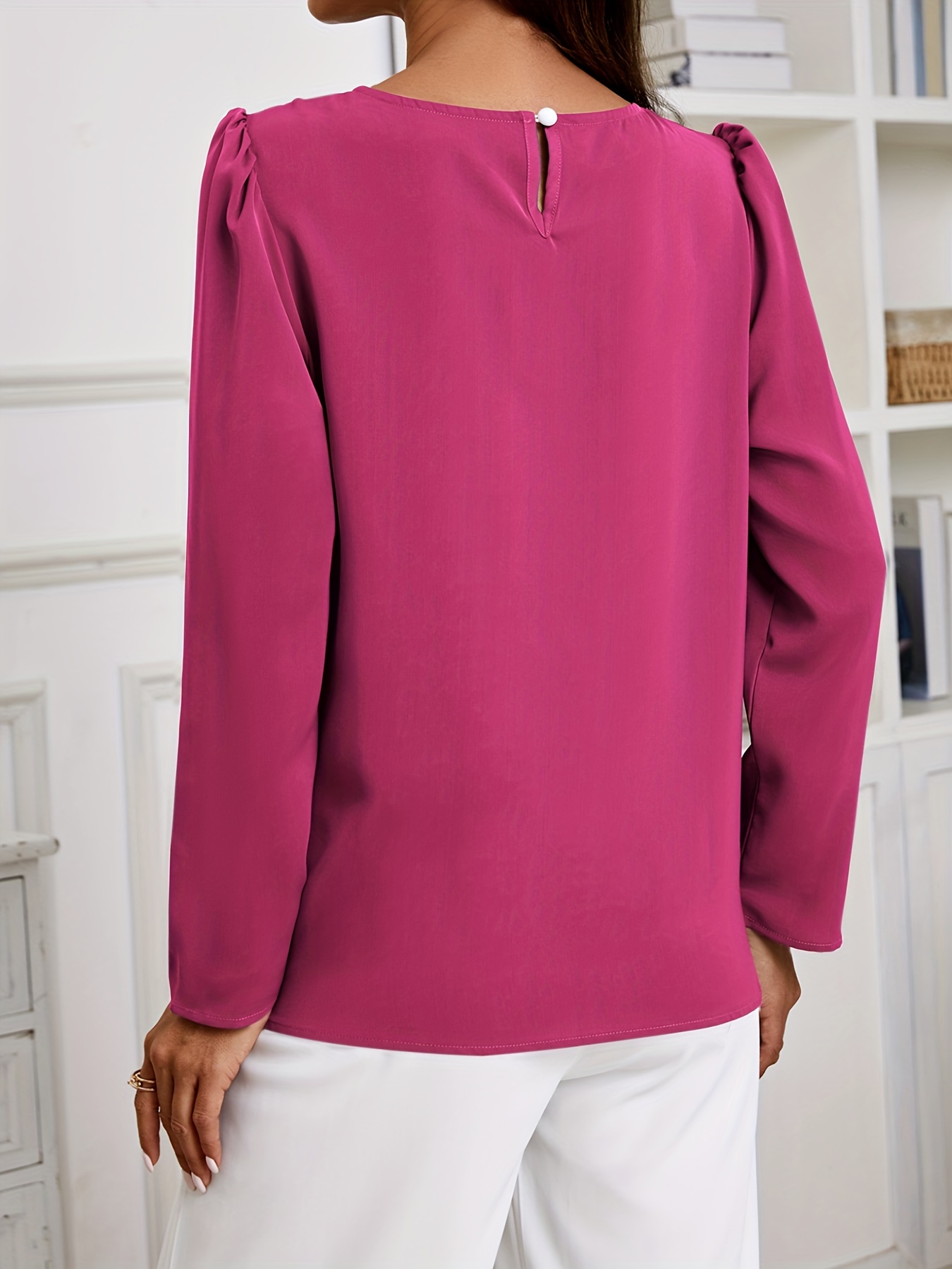 solid crew neck ruched blouse elegant long sleeve blouse for spring fall womens clothing details 54