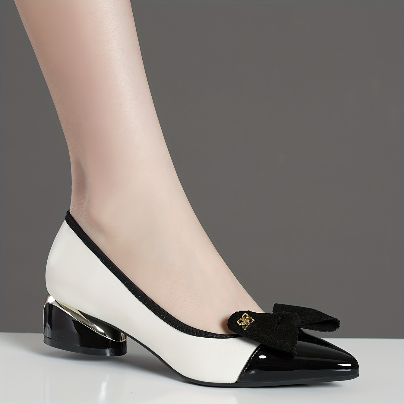 womens bowknot decor chunky heels elegant point toe dress pumps fashion slip on heels details 3