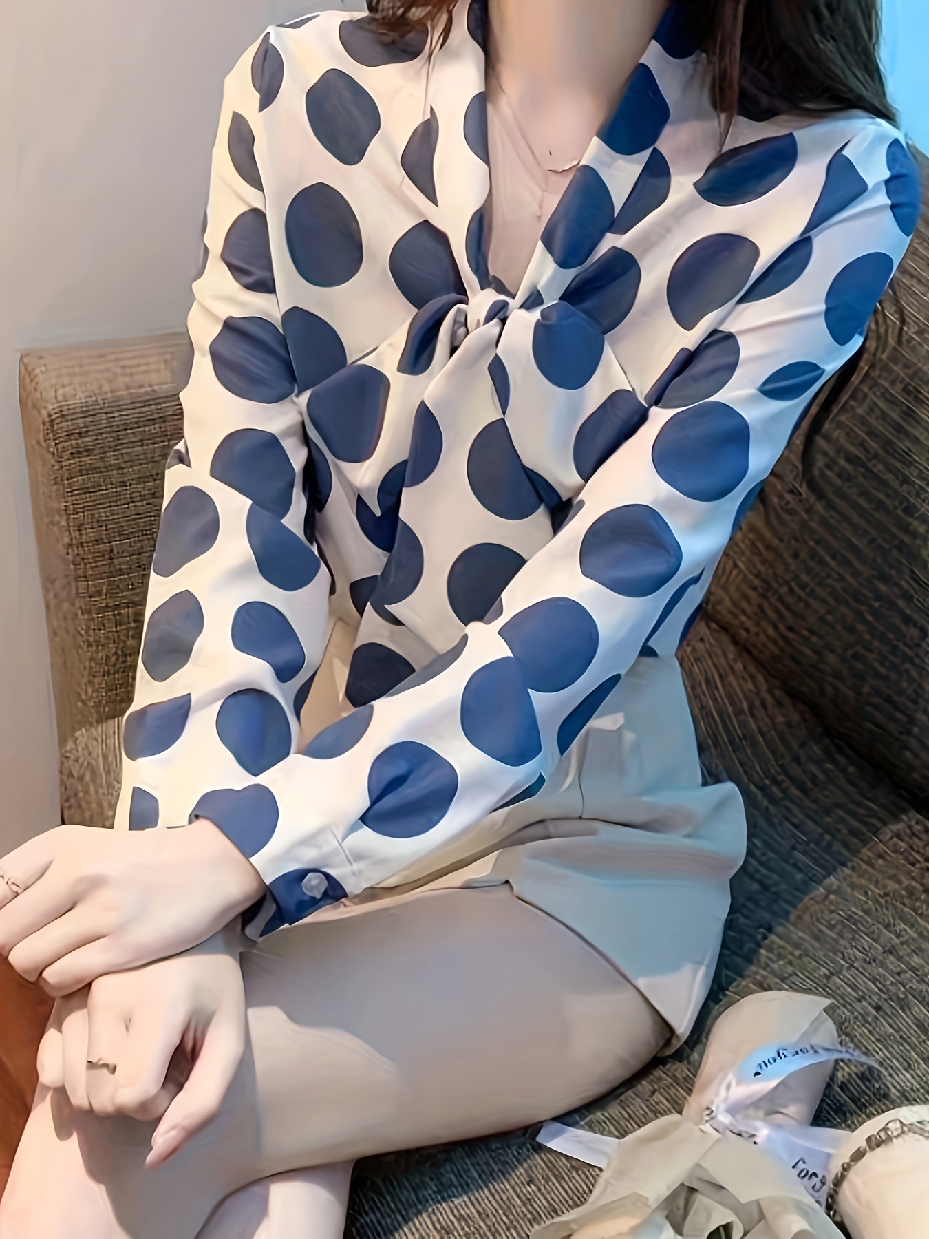 allover print tie neck blouse vintage long sleeve button front blouse for spring fall womens clothing details 2