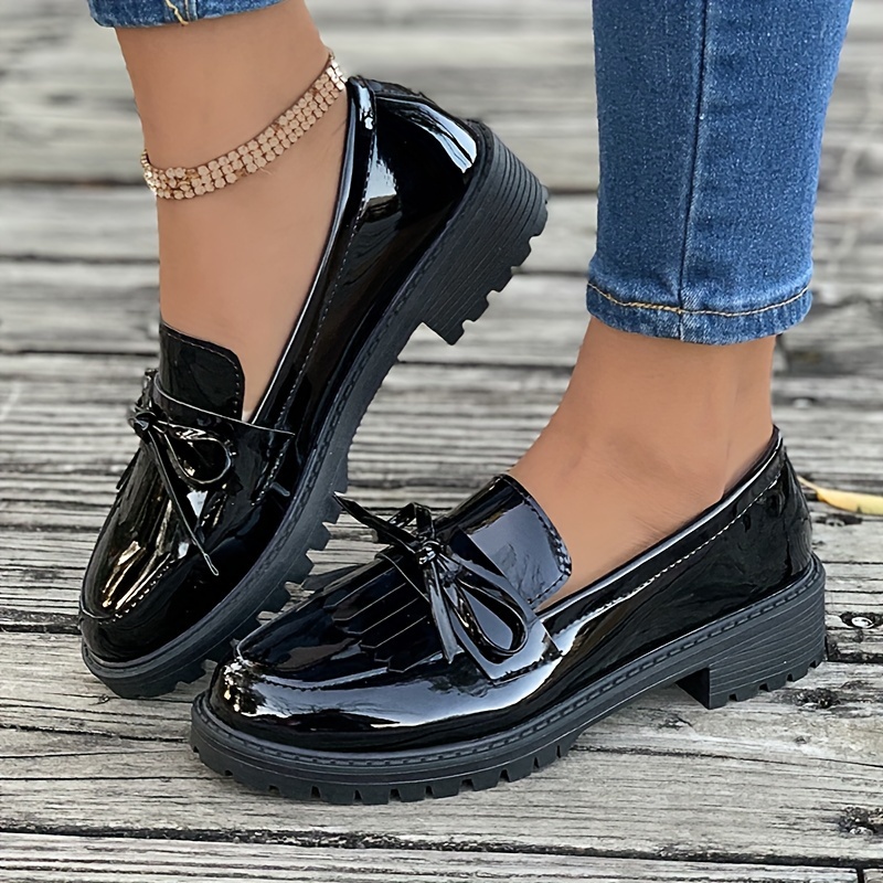 womens tassel bow loafers solid color round toe patent leather shoes all match slip on loafers details 9