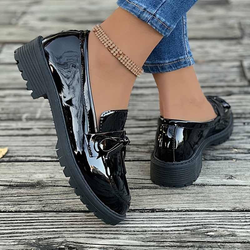 womens tassel bow loafers solid color round toe patent leather shoes all match slip on loafers details 5
