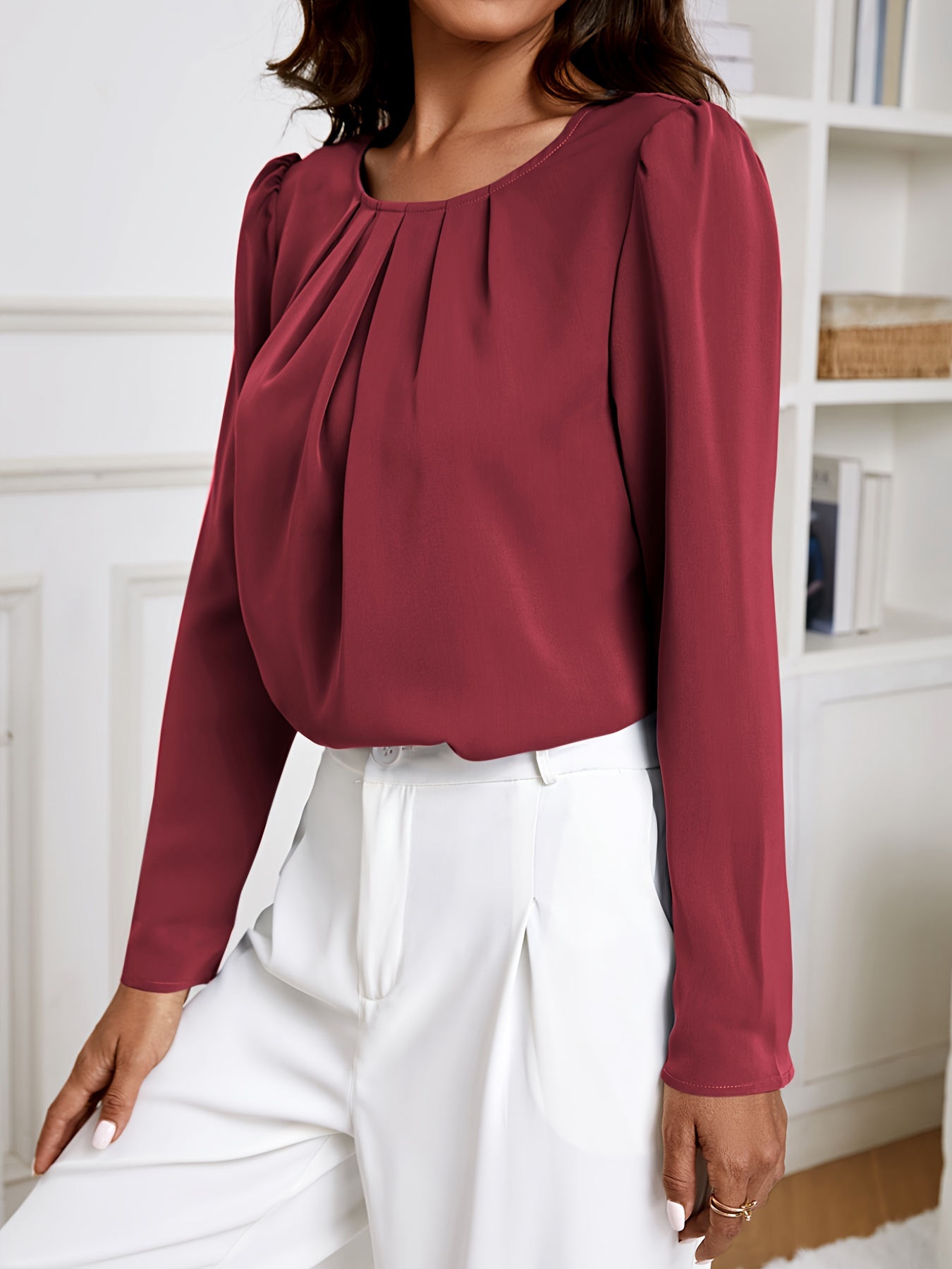 solid crew neck ruched blouse elegant long sleeve blouse for spring fall womens clothing details 8