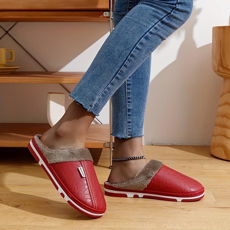 mens soft cozy house slippers anti skid fuzz lined slip on shoes with pu leather uppers for indoor walking autumn and winter details 0