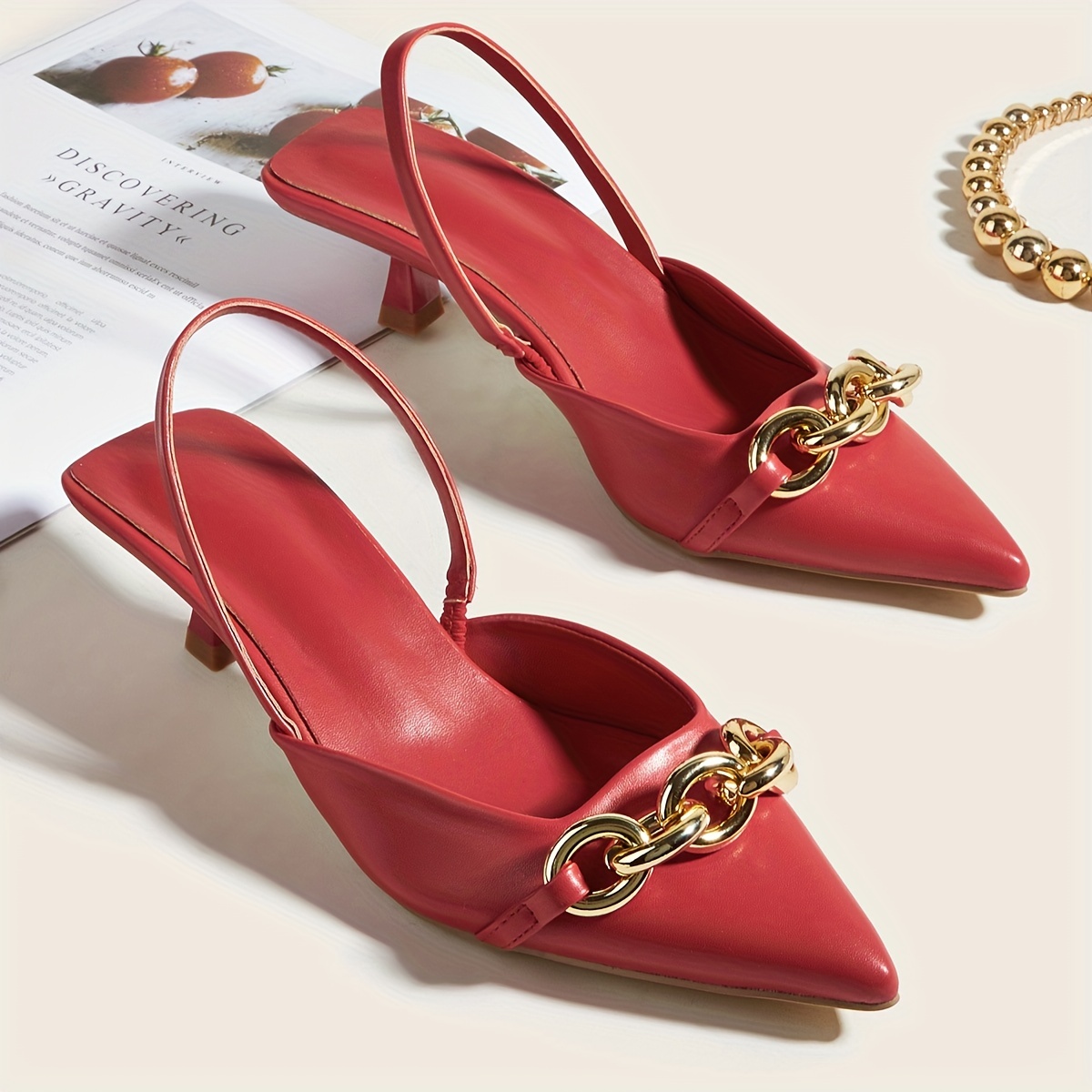 womens slingback kitten heels metallic chain decor pointed toe slip on sandals solid color dress low heels details 7