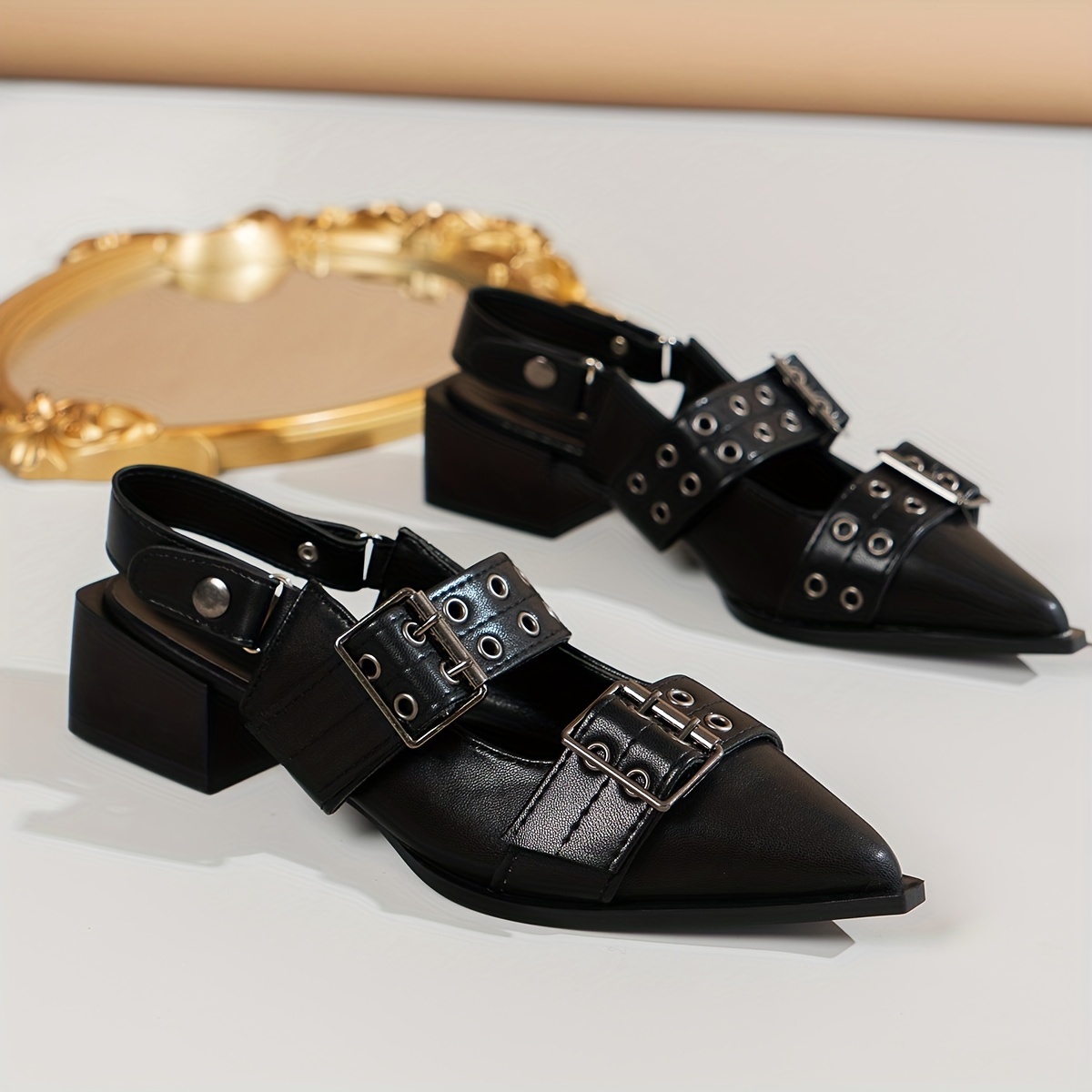 womens solid color trendy sandals buckle decor strap casual chunky heel slides shoes point toe summer comfy shoes details 8