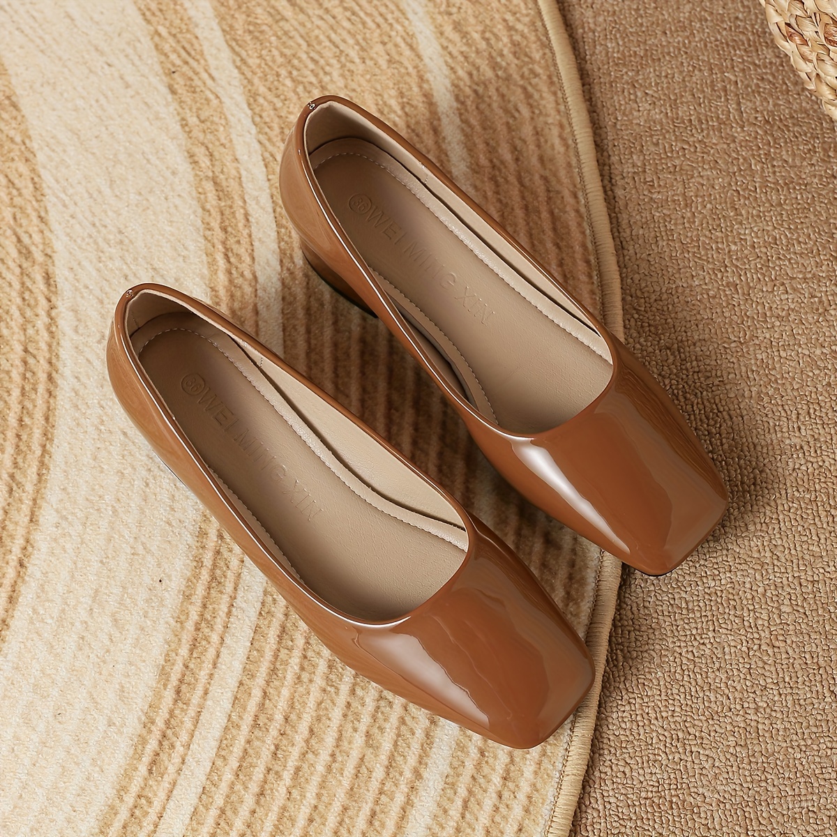 womens square toe chunky heels solid color slip on patent leather shoes all match work shoes details 11