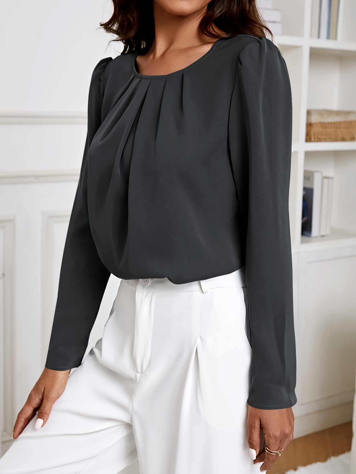 solid crew neck ruched blouse elegant long sleeve blouse for spring fall womens clothing details 43