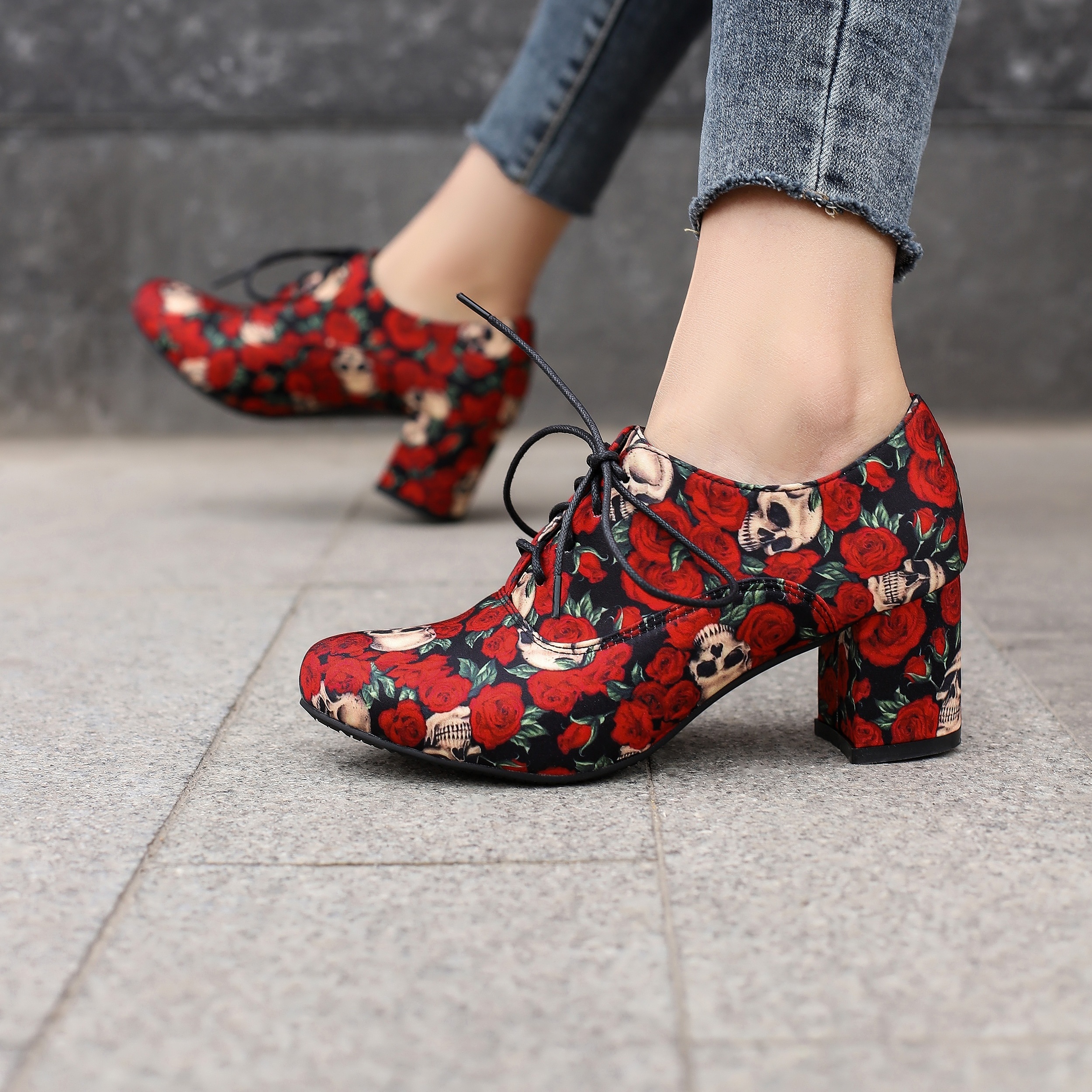 womens skull rose pattern chunky heels fashion lace up outdoor pumps halloween round toe heels details 0