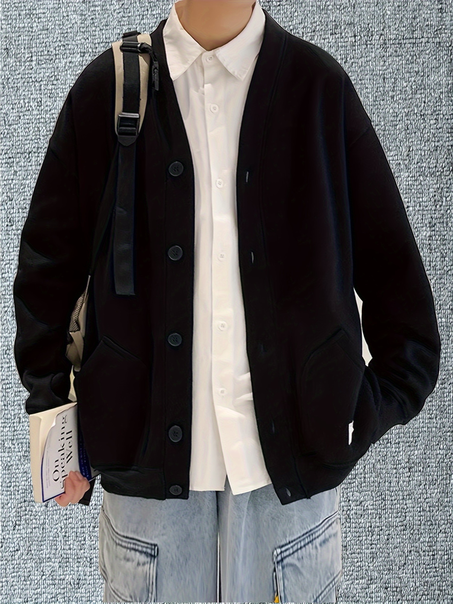 mens casual single breasted jacket retro loose fit cardigan sweater coat details 0
