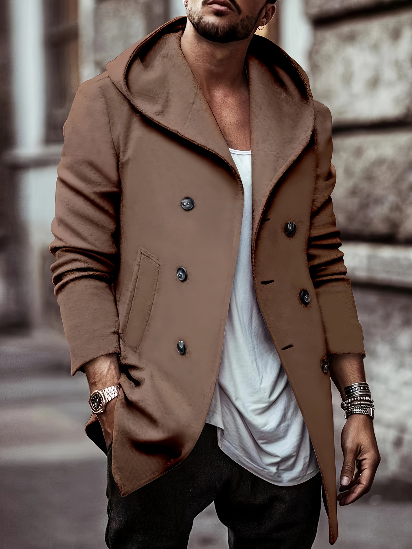 cotton blend mens trendy retro hooded long sleeve coat windbreaker stylish long overcoat for autumn winter details 10
