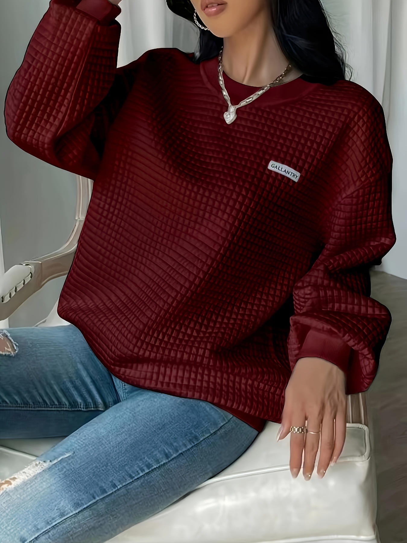 waffle loose sweatshirt casual long sleeve crew neck sweatshirt womens clothing details 17