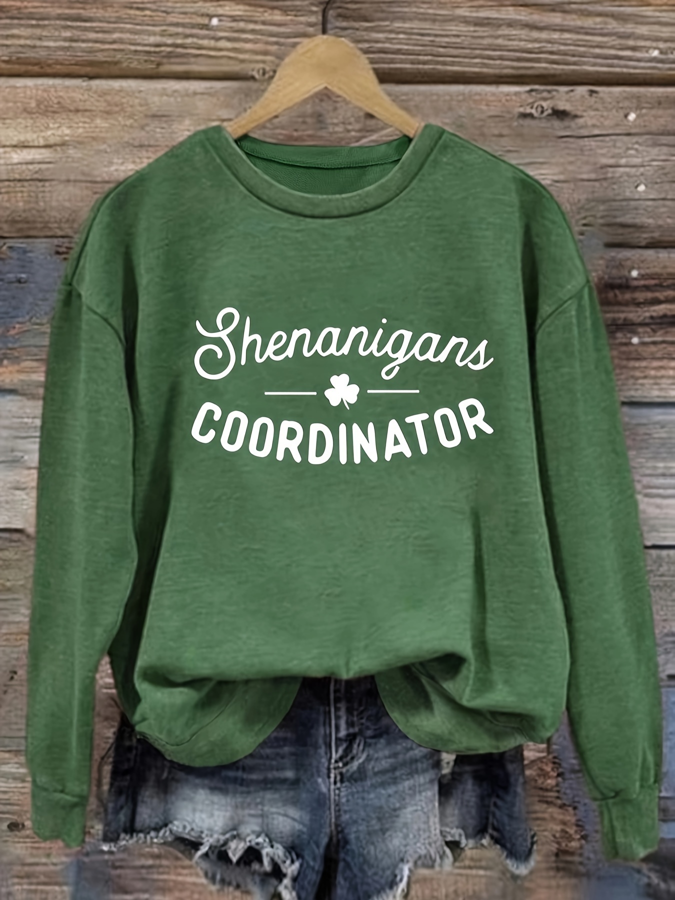 letter clover print sweatshirt casual crew neck long sleeve sweatshirt womens clothing st patricks day details 1