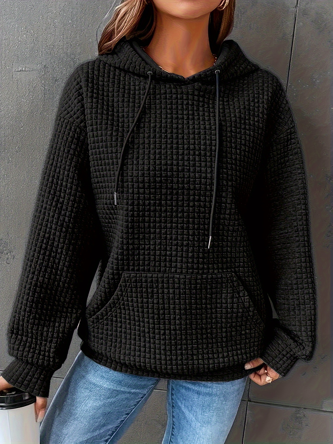 solid textured drawstring hoodie casual long sleeve kangaroo pocket sweatshirt womens clothing details 3