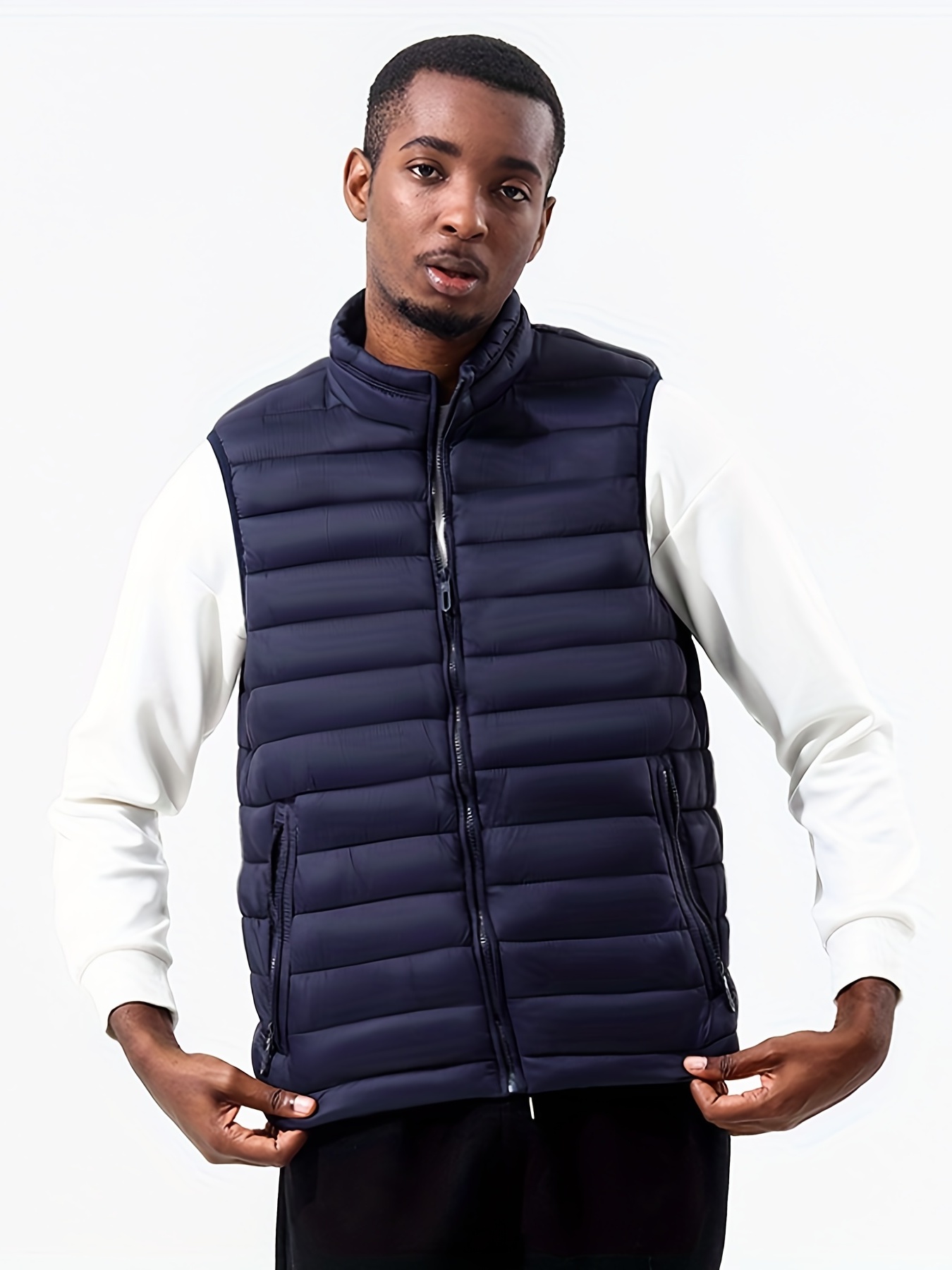 warm winter vest mens casual zipper pockets stand collar zip up vest for fall winter details 4