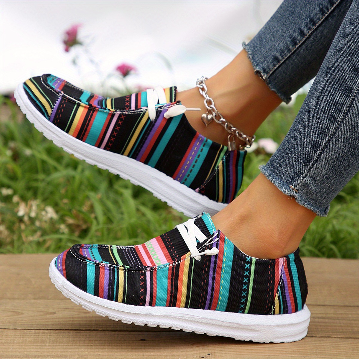 colorful striped canvas shoes women s lightweight round toe details 4