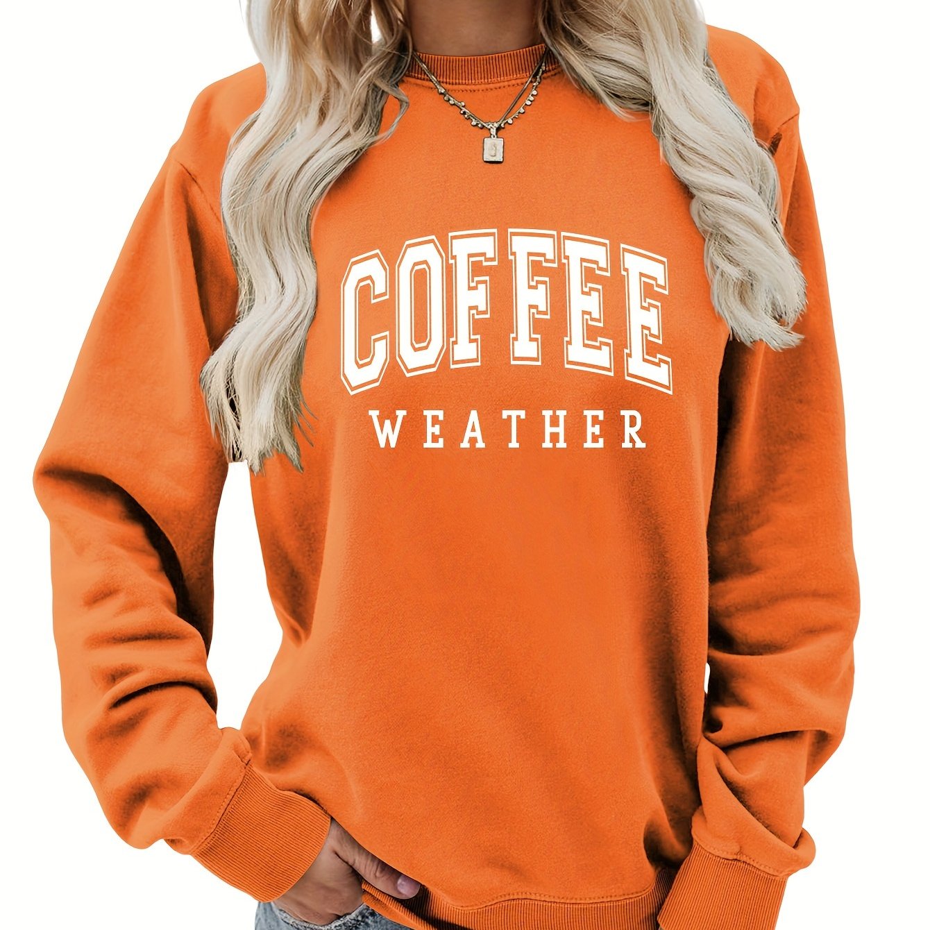 Women's Chic Coffee Letter Print Sweatshirt - Casual Crew Neck, Comfy Cotton Blend, All-Season Wear