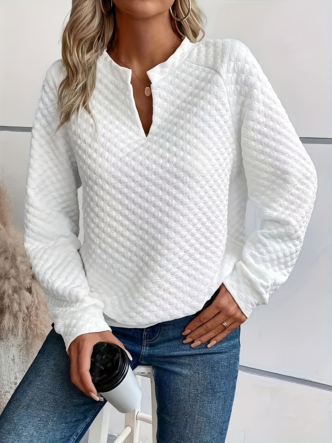 notch neck pullover textured sweatshirt casual raglan sleeve sweatshirt for fall winter womens clothing details 9