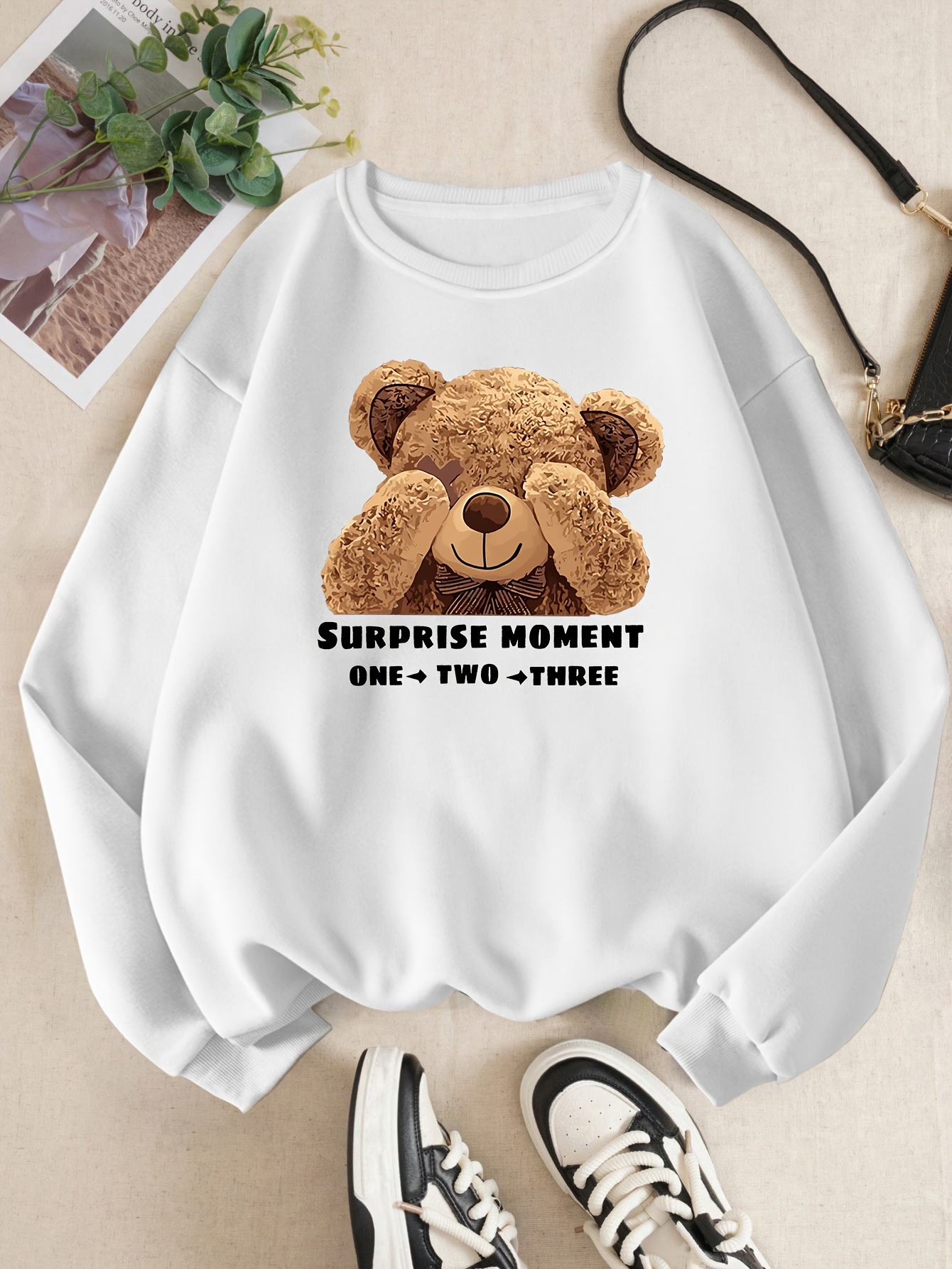 bear letter print loose sweatshirt casual long sleeve crew neck sweatshirt womens clothing details 10