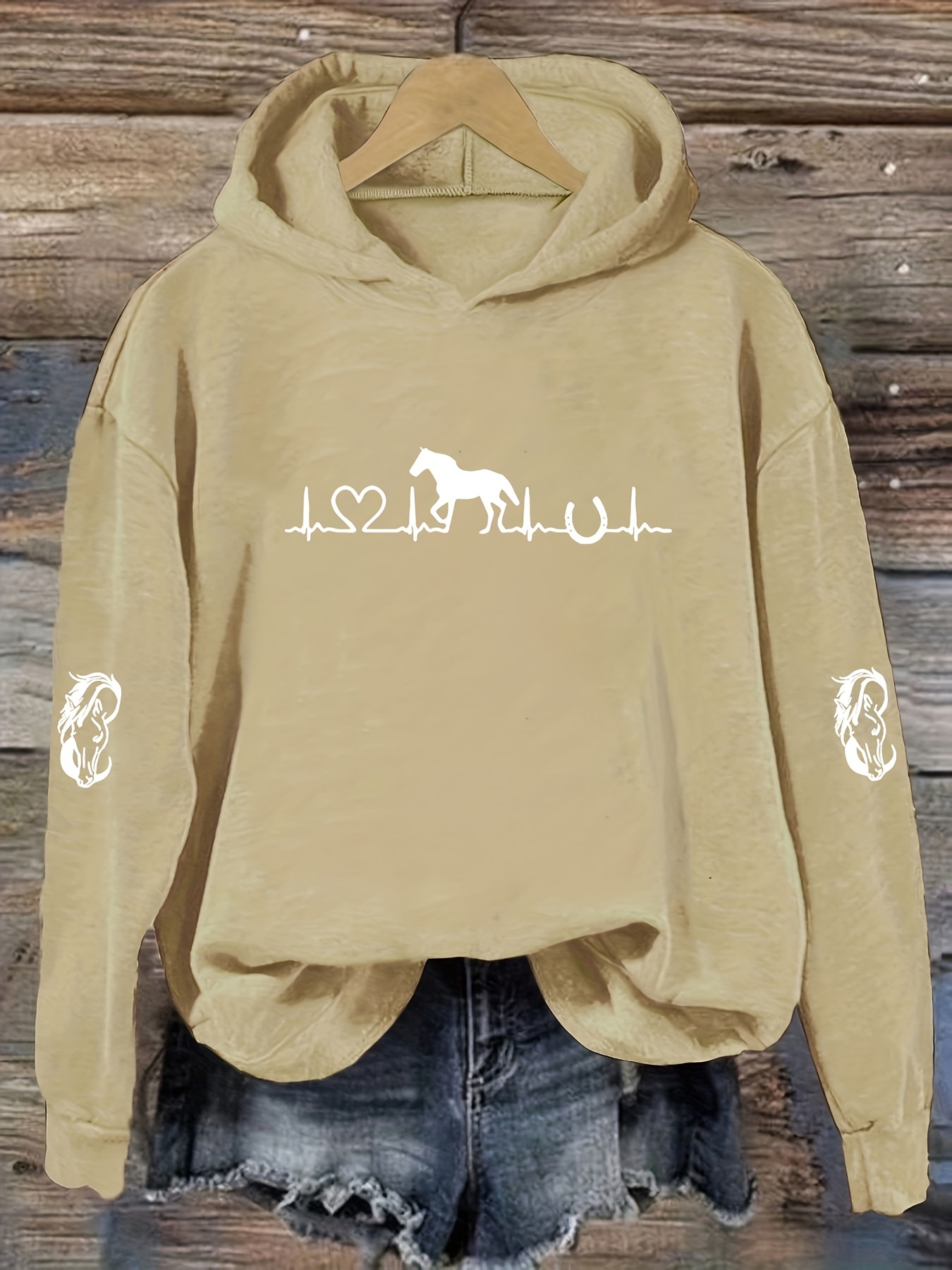 horse print hoodie casual long sleeve drop shoulder hooded sweatshirt womens clothing details 0