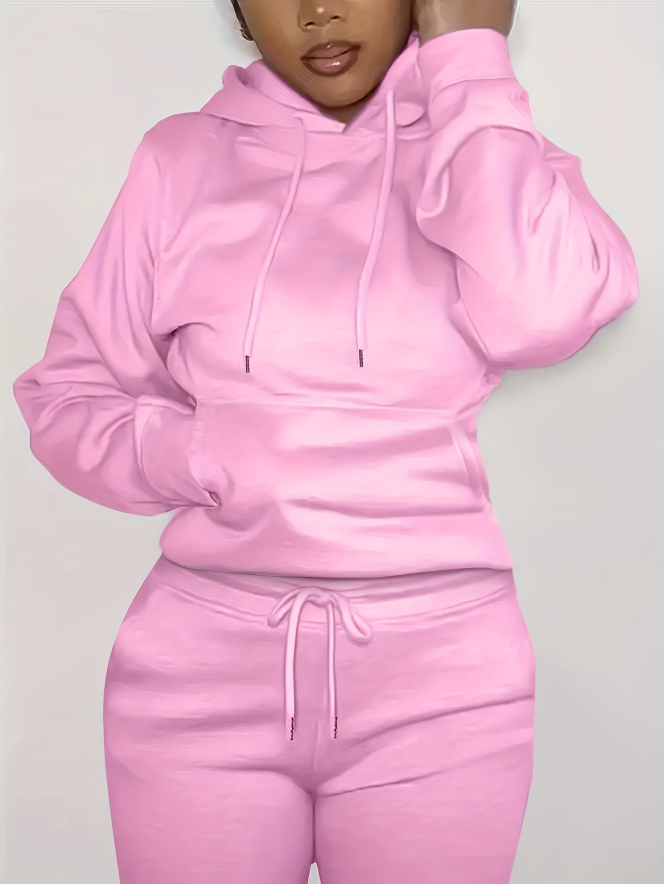 solid kangaroo pocket hoodie without pants casual long sleeve drawstring hoodies sweatshirt womens clothing details 18