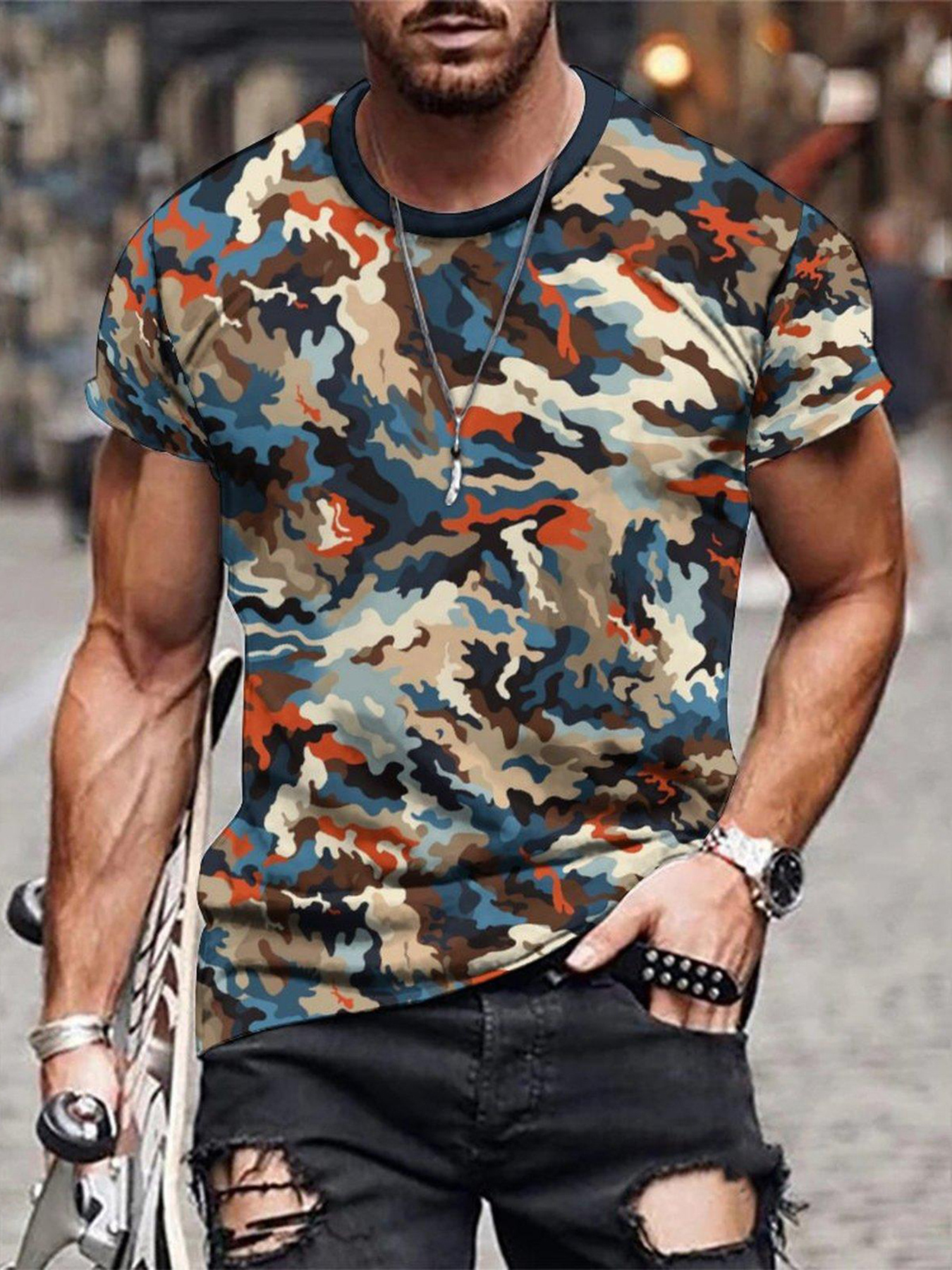 camouflage pattern 3d print mens novelty short sleeve crew neck t shirt summer outdoor sports details 1
