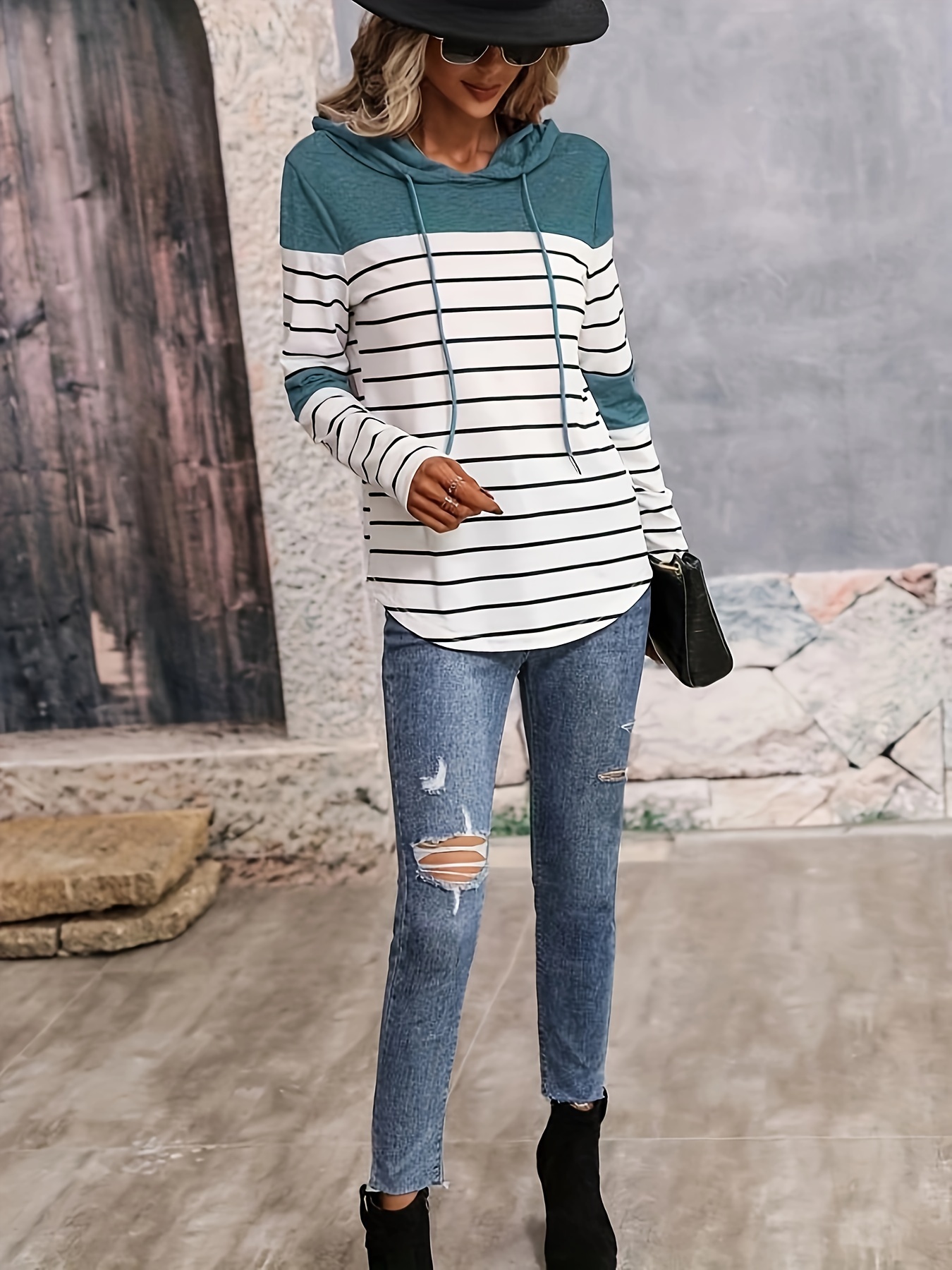 striped print curved hem hoodie casual long sleeve drawstring hoodie sweatshirt womens clothing details 4