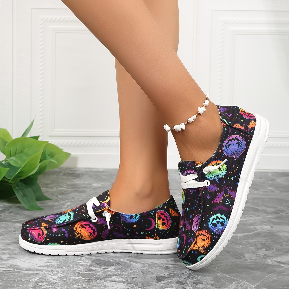women s pumpkin print canvas shoes slip round toe low top details 2