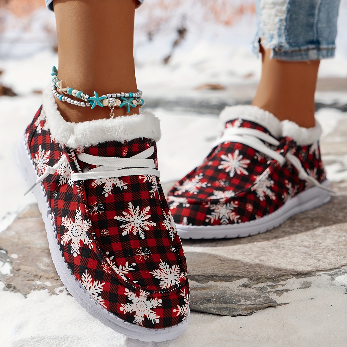 snowflake print canvas shoes women s casual lace plush lined details 5