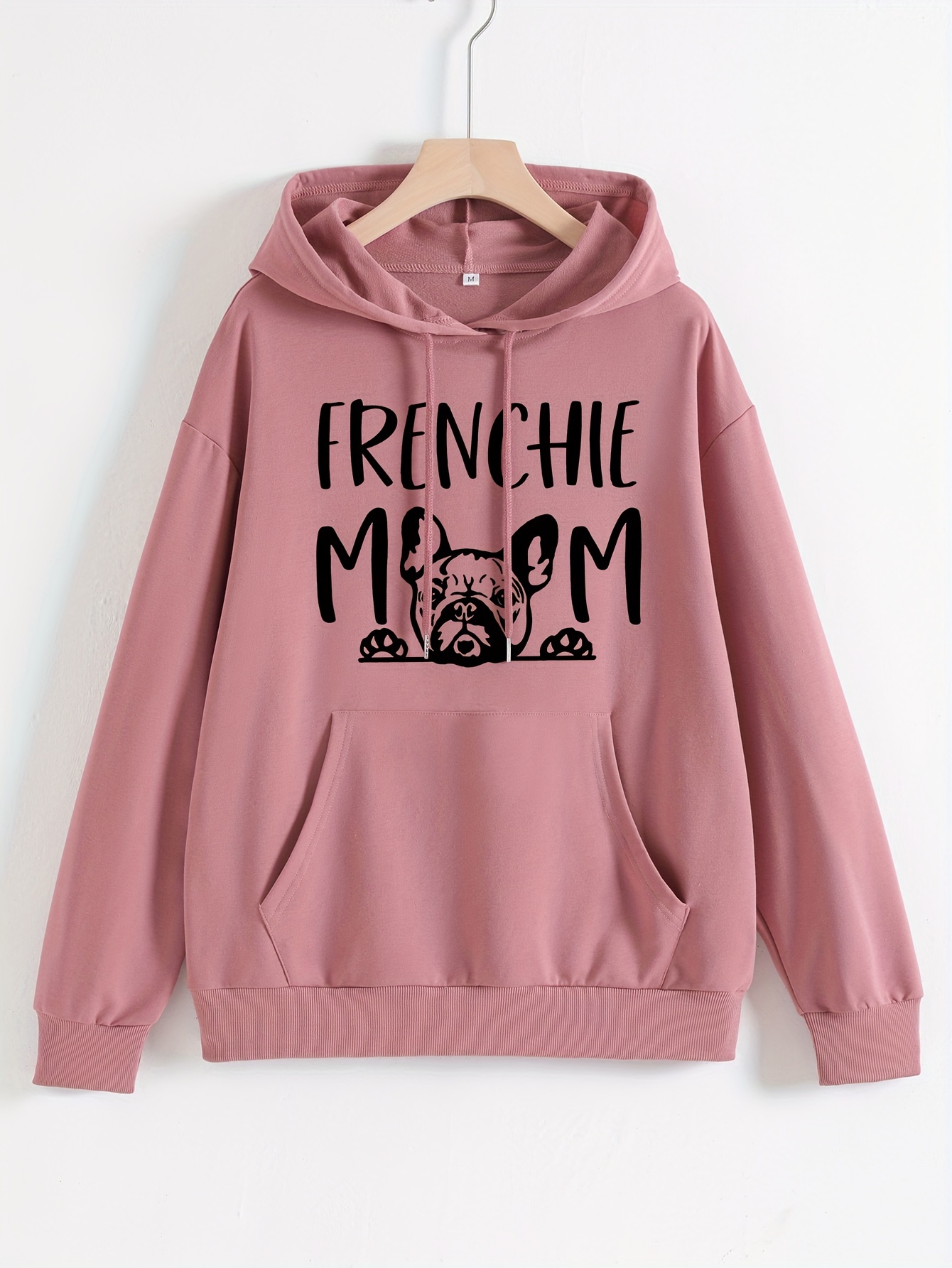 frenchie mom letter print hoodies casual long sleeve drawstring sweatshirt womens clothing details 0