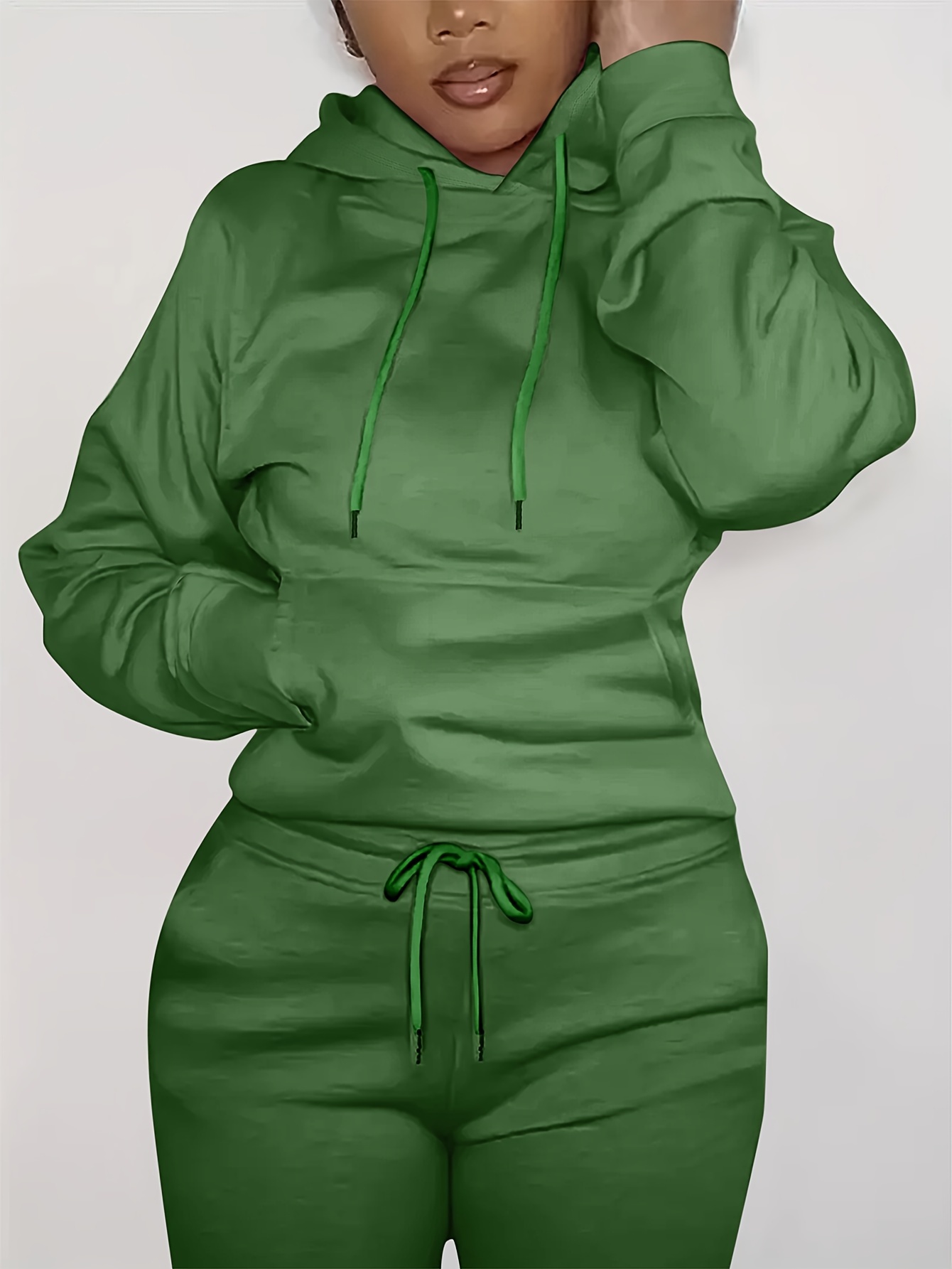 solid kangaroo pocket hoodie without pants casual long sleeve drawstring hoodies sweatshirt womens clothing details 6