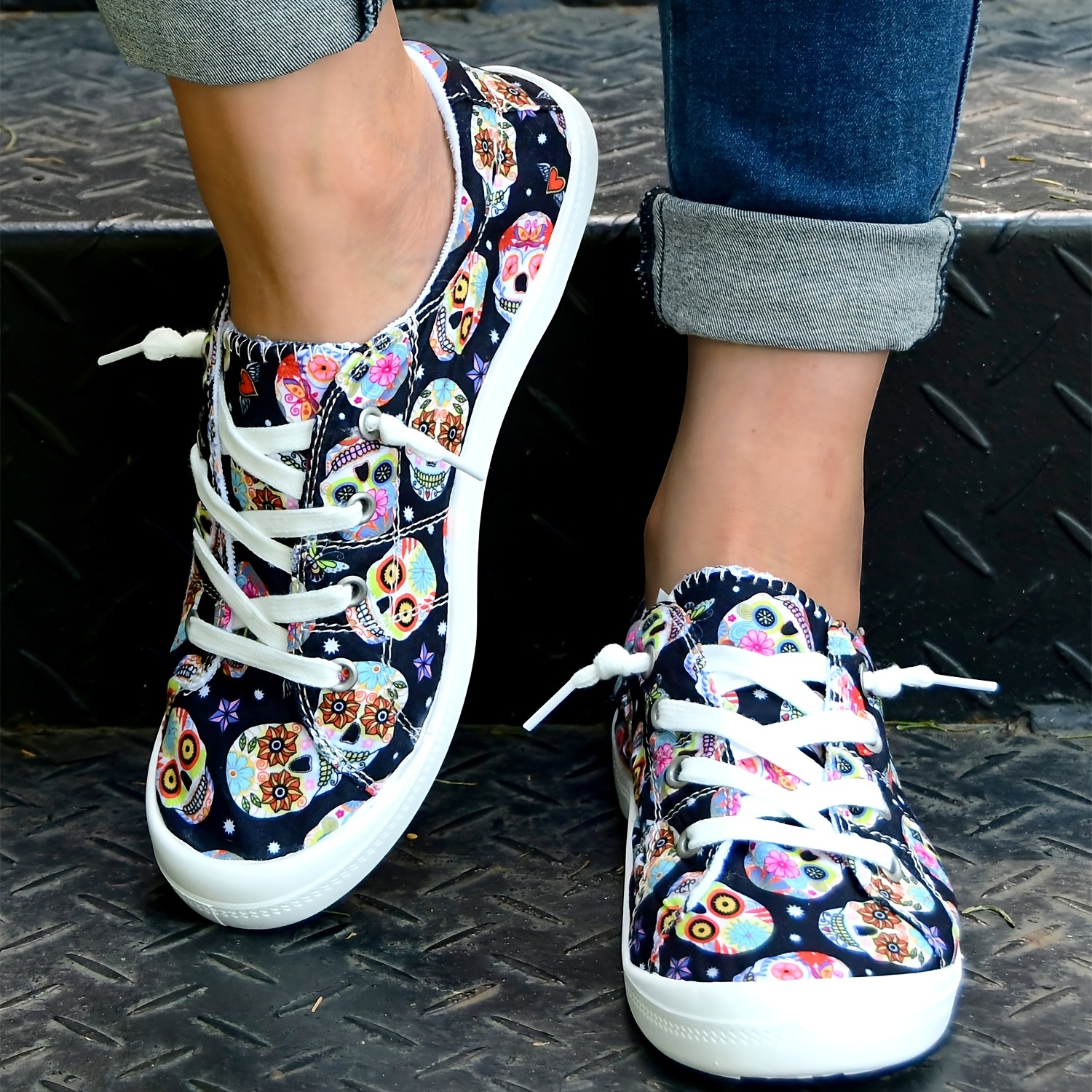 skull pattern canvas shoes women s low top lace round toe details 0
