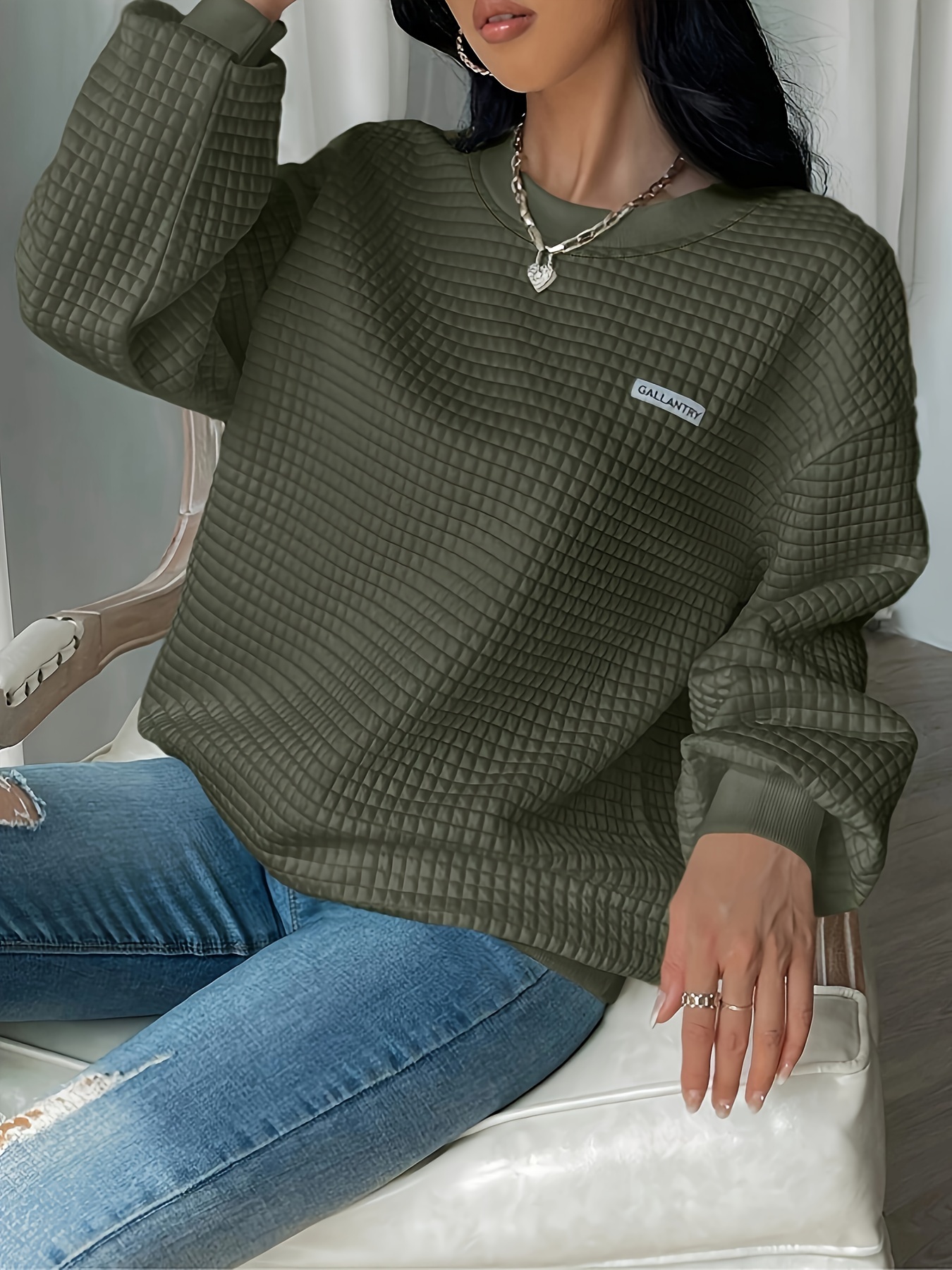 waffle loose sweatshirt casual long sleeve crew neck sweatshirt womens clothing details 38