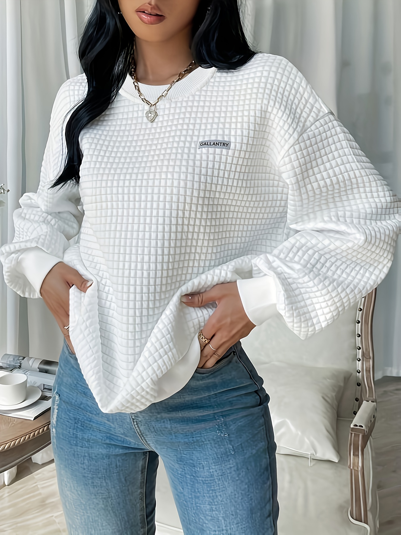 waffle loose sweatshirt casual long sleeve crew neck sweatshirt womens clothing details 28