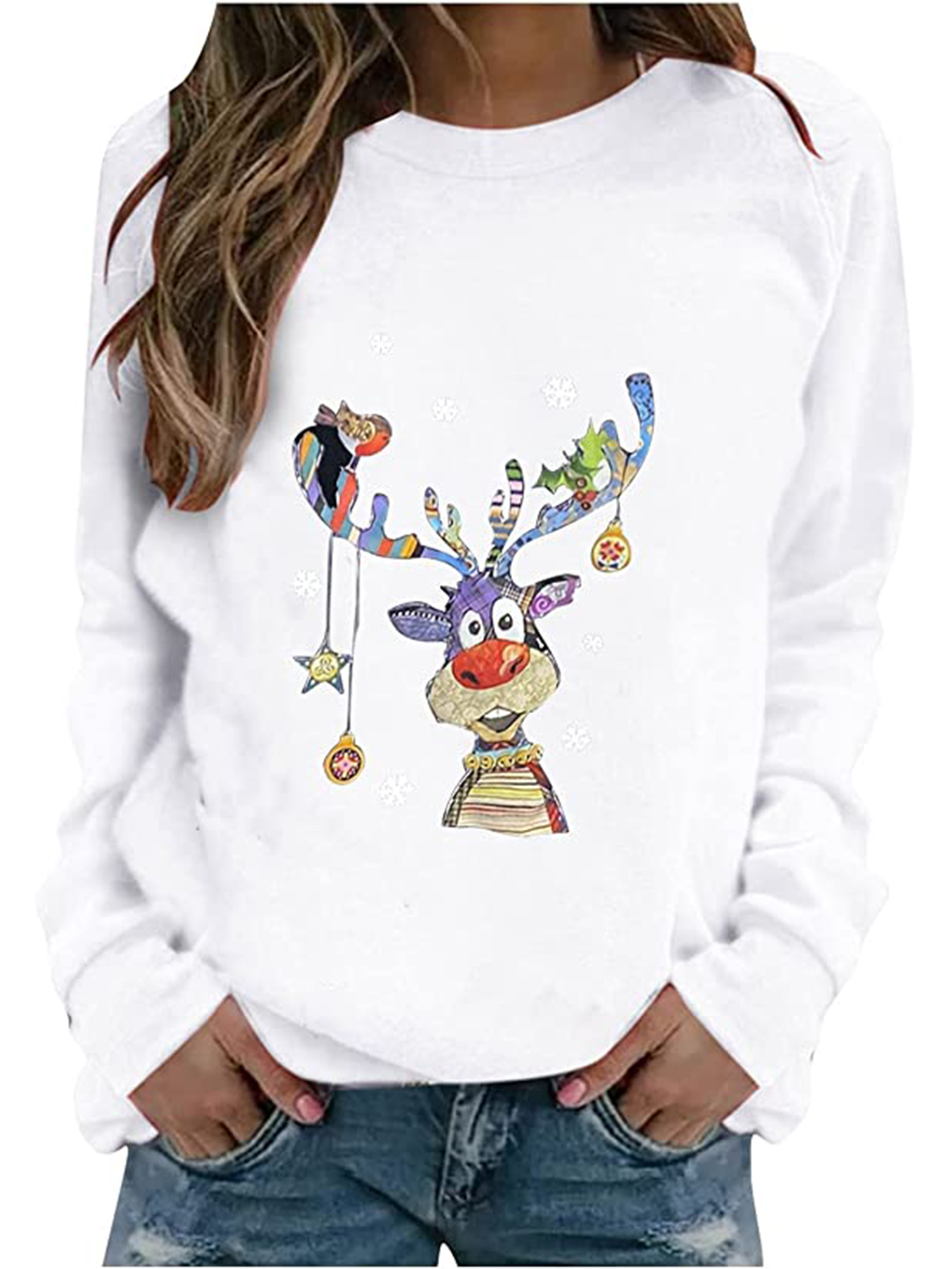womens sweatshirt casual christmas crew neck printed long sleeve fashion fall loose pullover details 2
