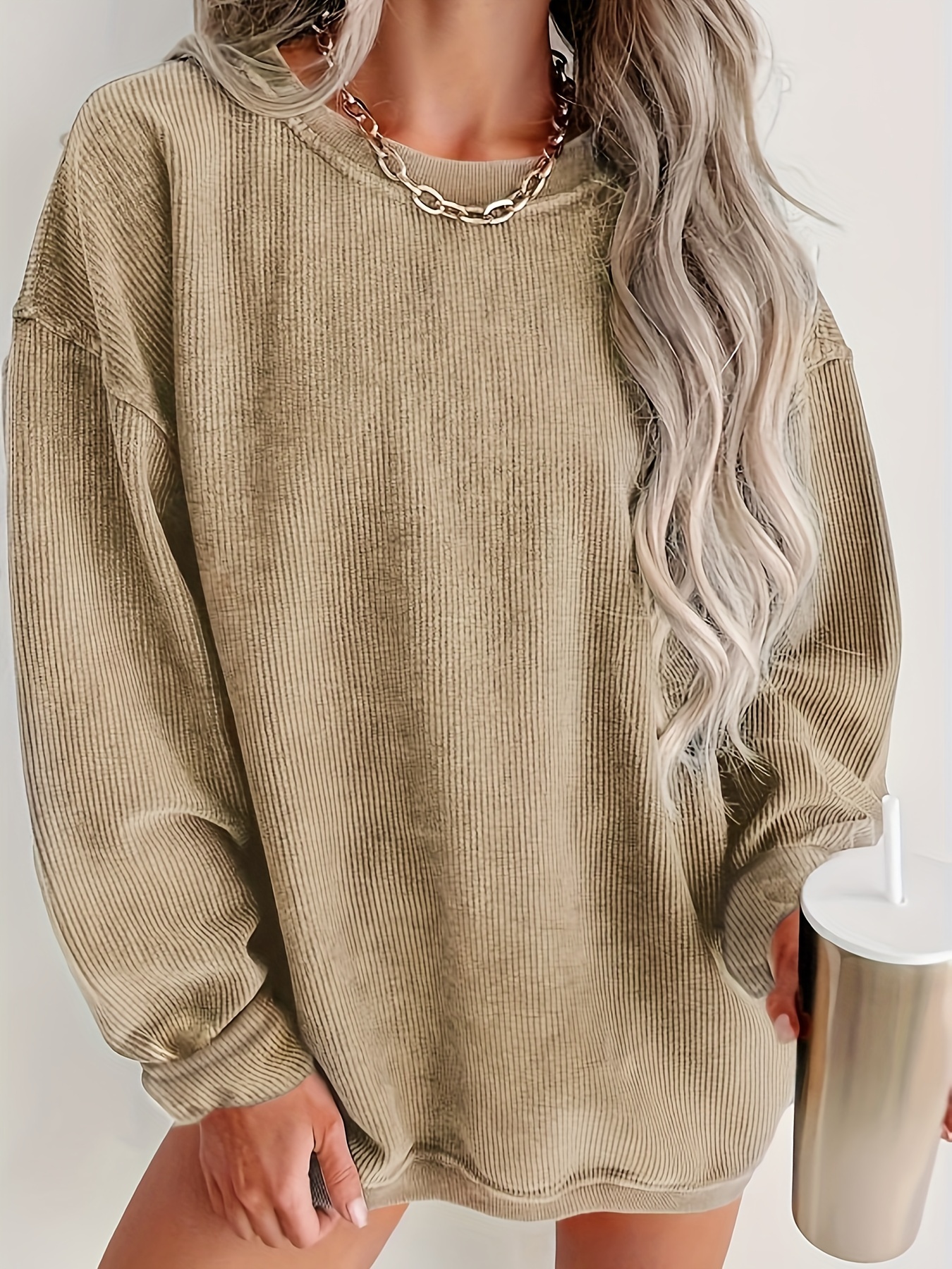 solid ribbed pullover sweatshirt casual long sleeve crew neck sweatshirt for fall winter womens clothing details 0