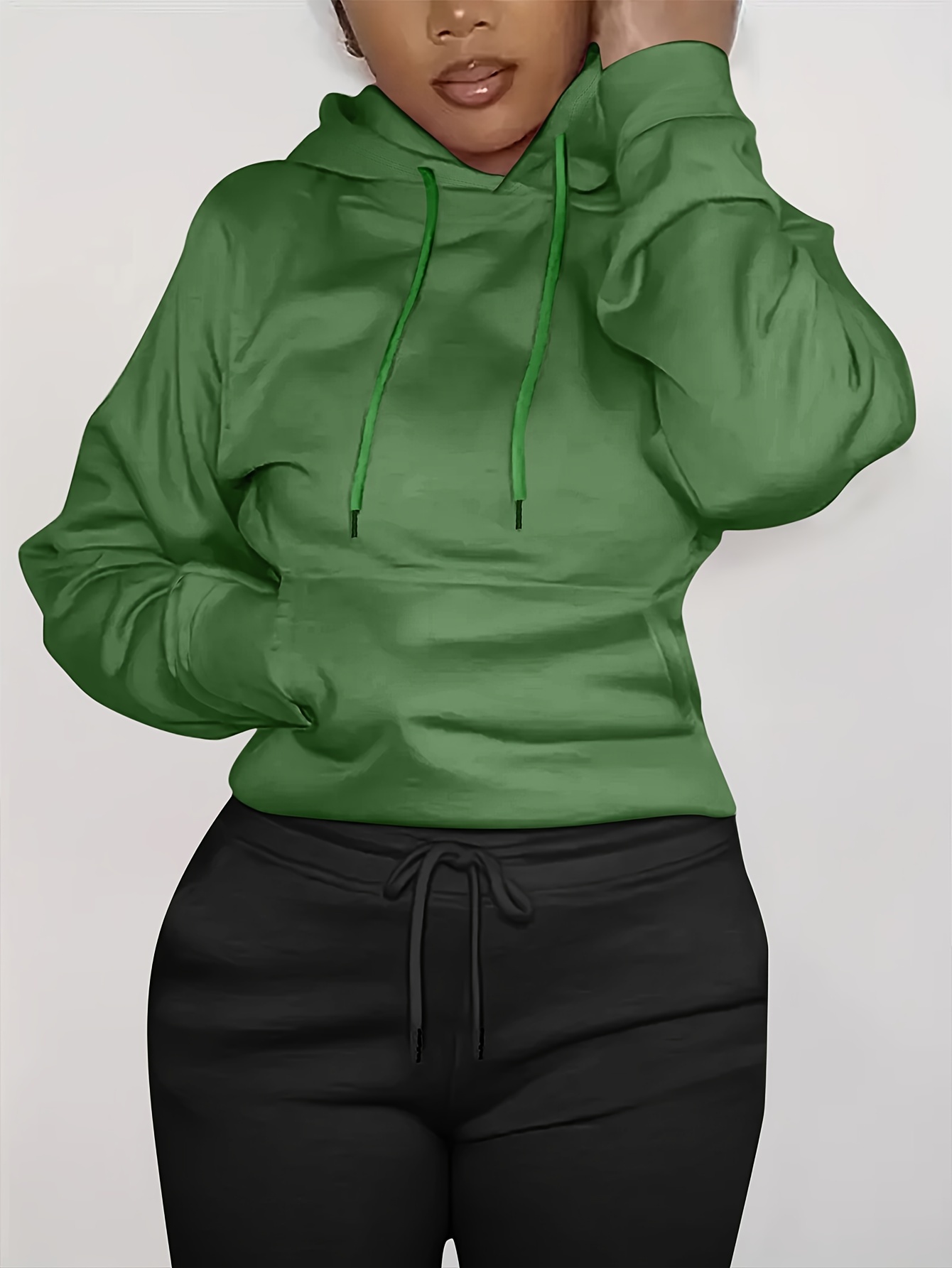 solid kangaroo pocket hoodie without pants casual long sleeve drawstring hoodies sweatshirt womens clothing details 9