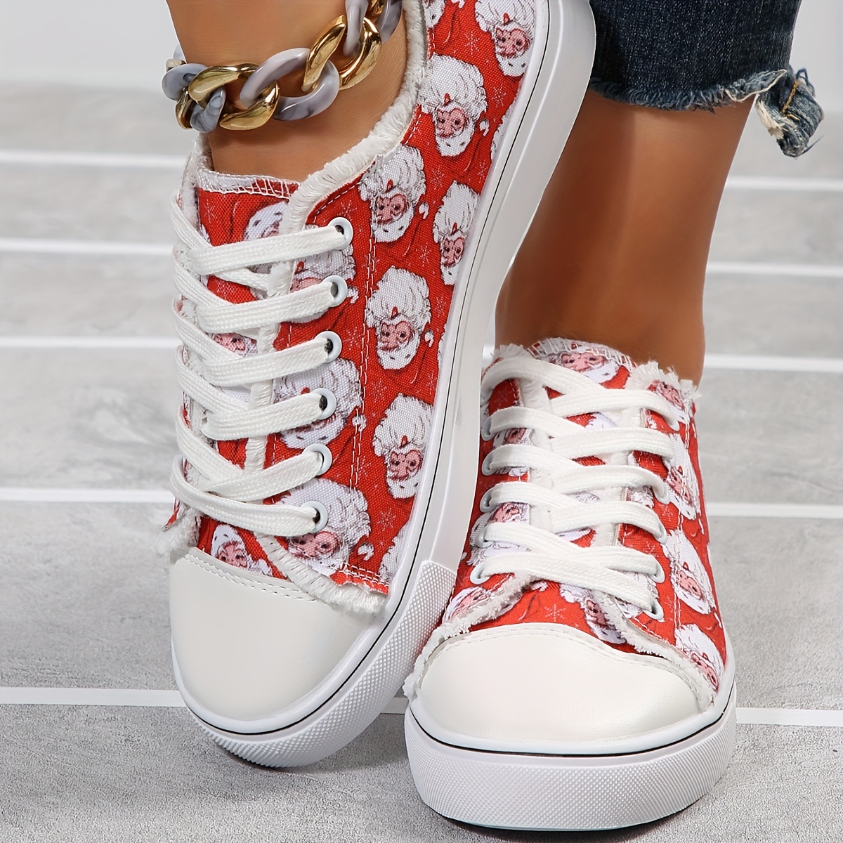 santa claus print shoes women s cartoon lace flat details 6