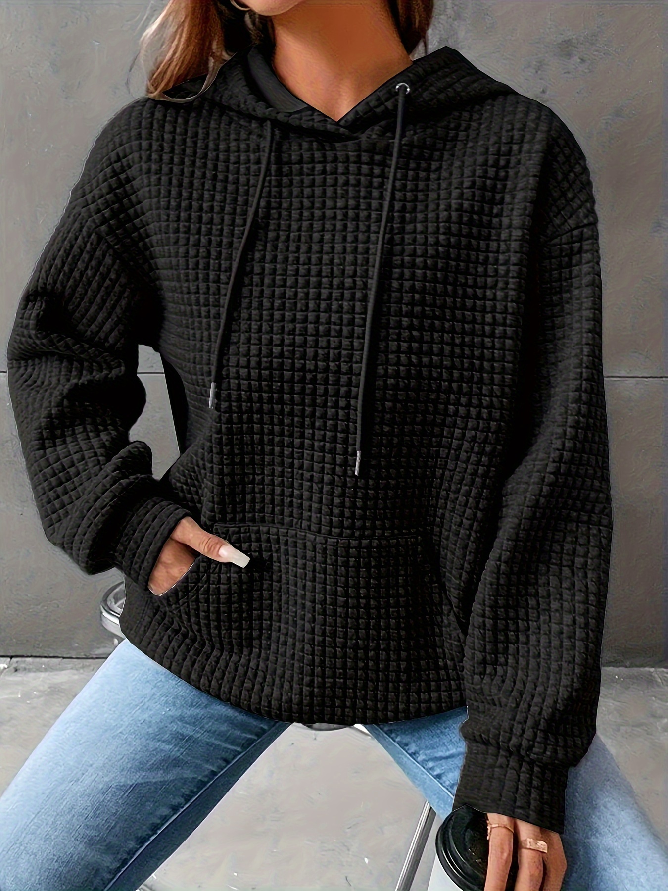 solid textured drawstring hoodie casual long sleeve kangaroo pocket sweatshirt womens clothing details 0