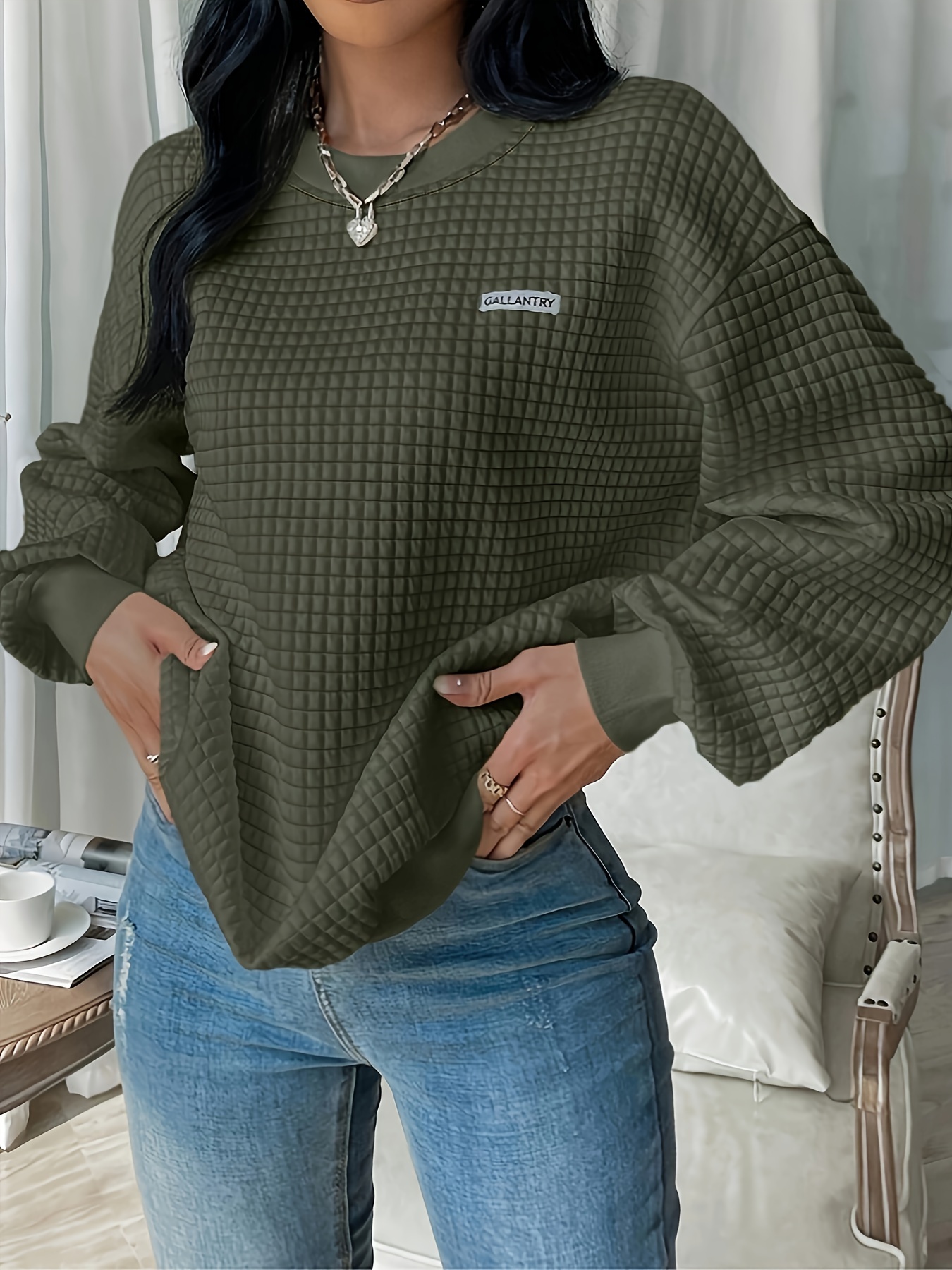 waffle loose sweatshirt casual long sleeve crew neck sweatshirt womens clothing details 39