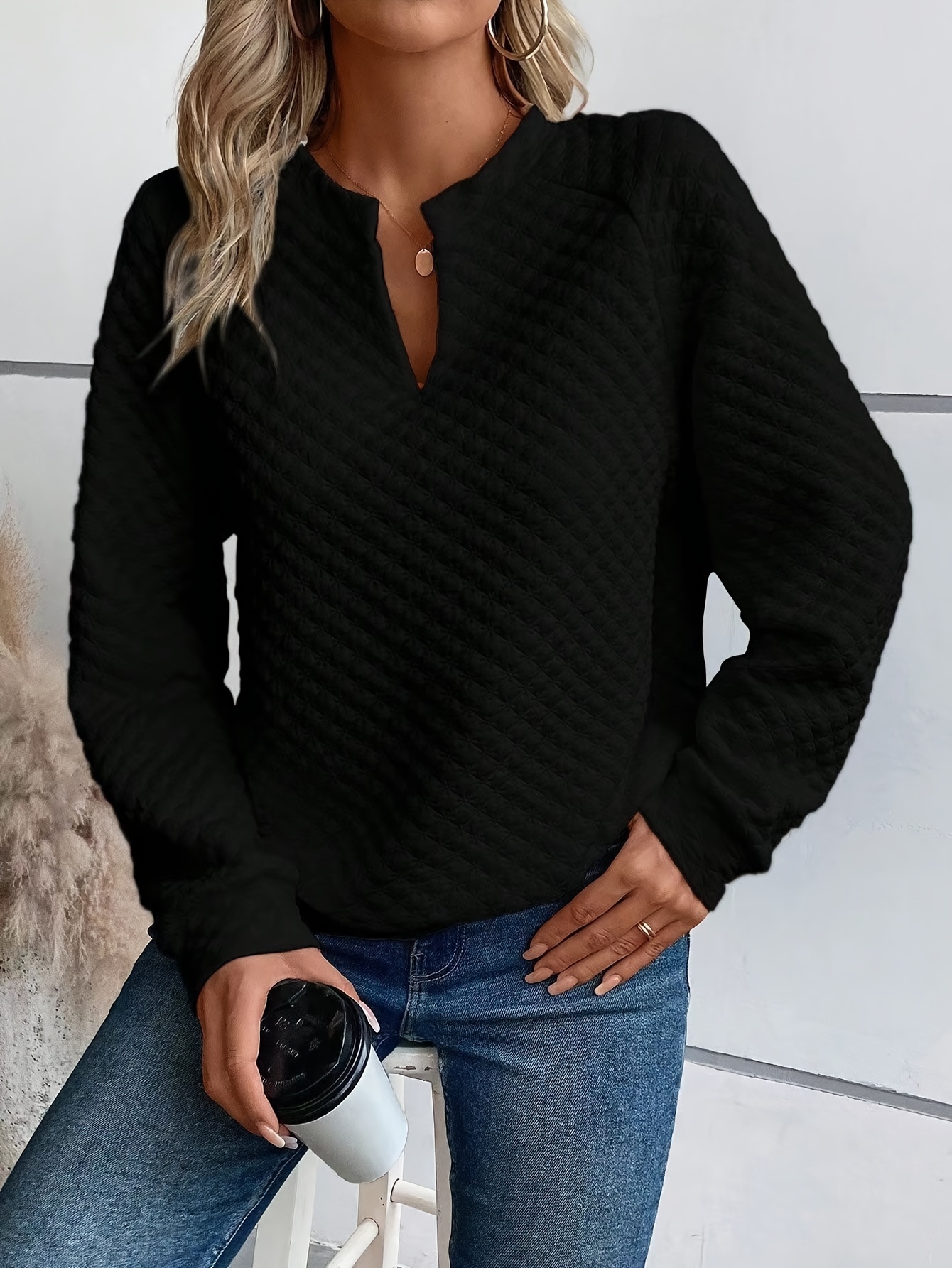 notch neck pullover textured sweatshirt casual raglan sleeve sweatshirt for fall winter womens clothing details 4