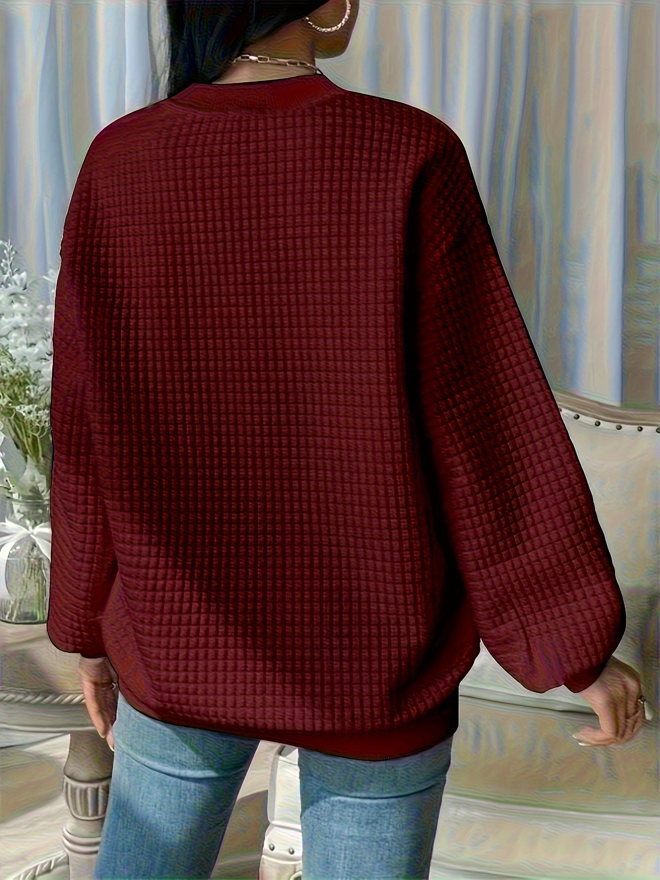 waffle loose sweatshirt casual long sleeve crew neck sweatshirt womens clothing details 16