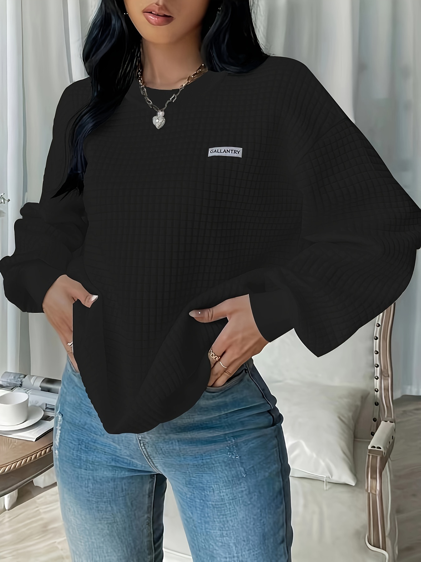 waffle loose sweatshirt casual long sleeve crew neck sweatshirt womens clothing details 33
