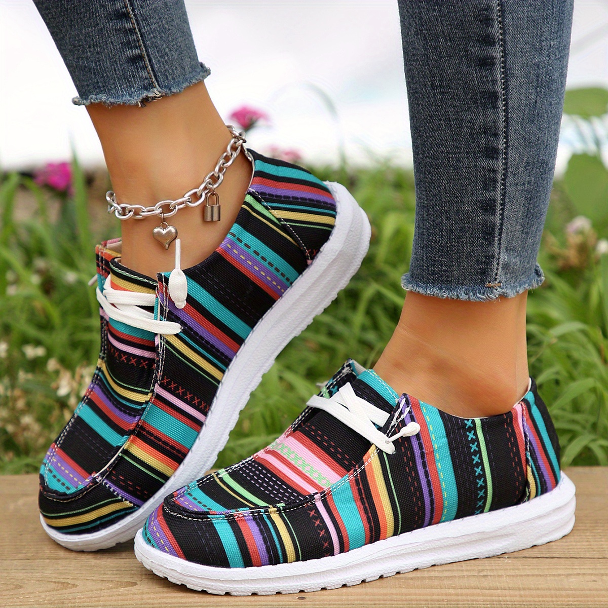 colorful striped canvas shoes women s lightweight round toe details 3