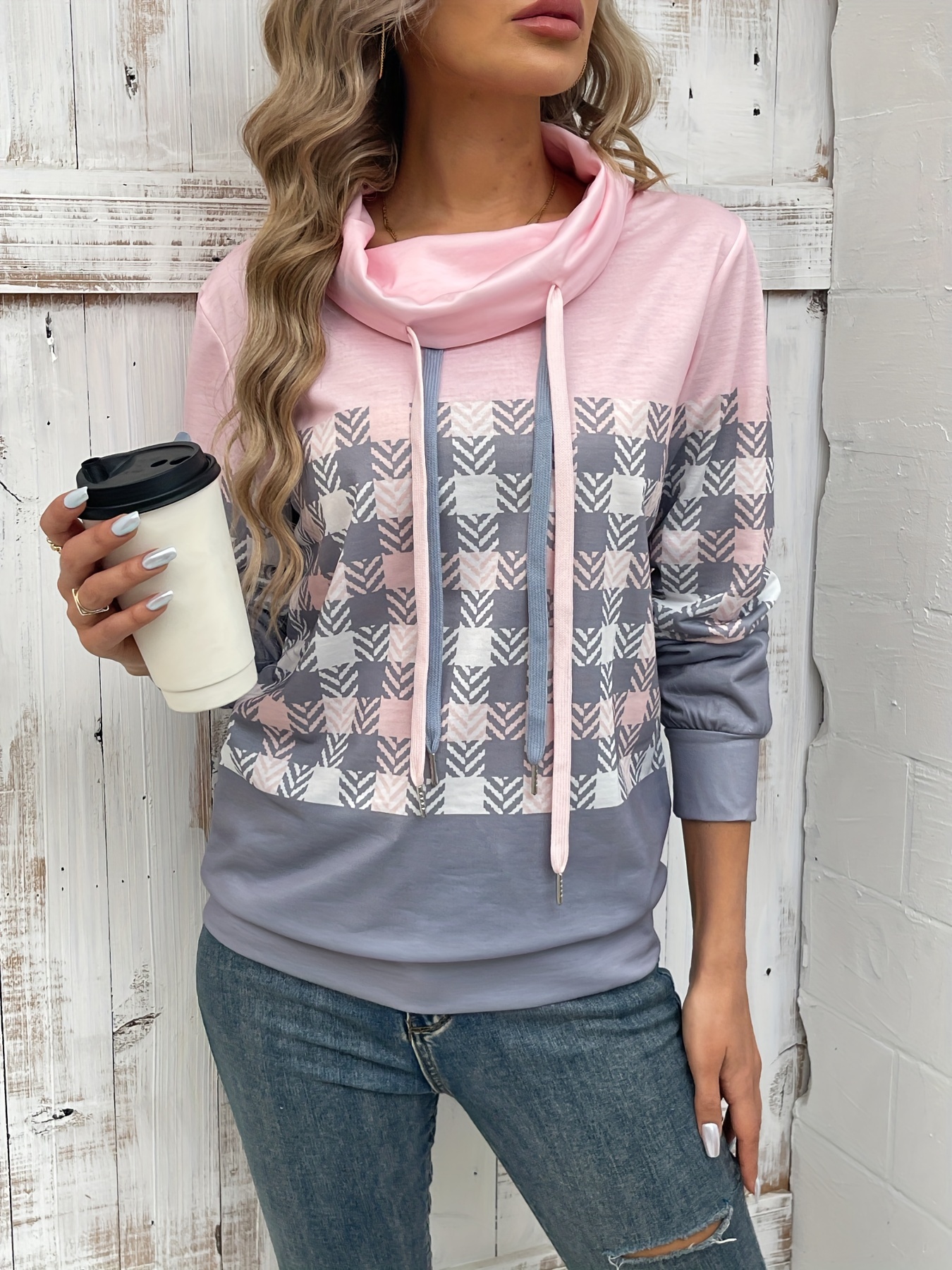 plaid print drawstring sweatshirt casual cowl neck long sleeve sweatshirt womens clothing details 5