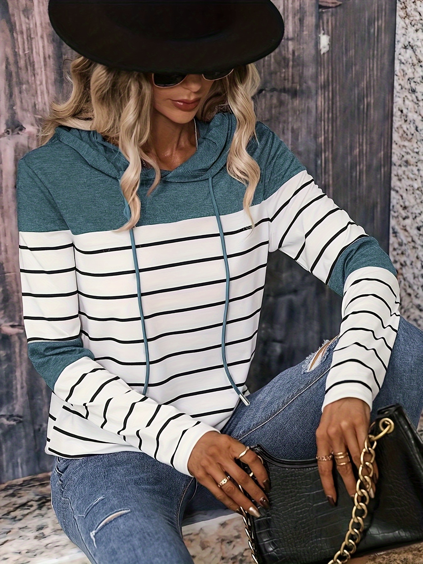 striped print curved hem hoodie casual long sleeve drawstring hoodie sweatshirt womens clothing details 3