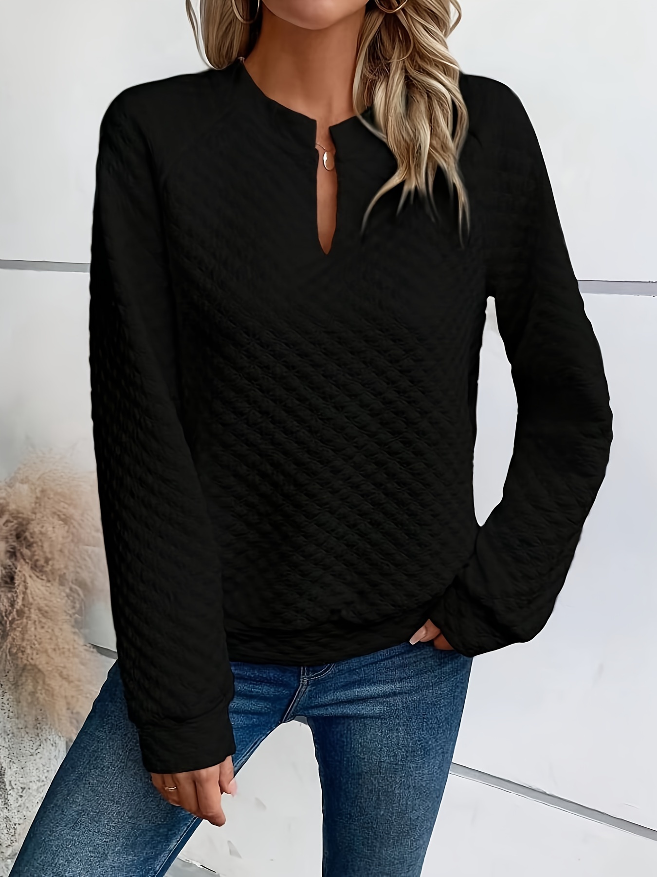 notch neck pullover textured sweatshirt casual raglan sleeve sweatshirt for fall winter womens clothing details 2