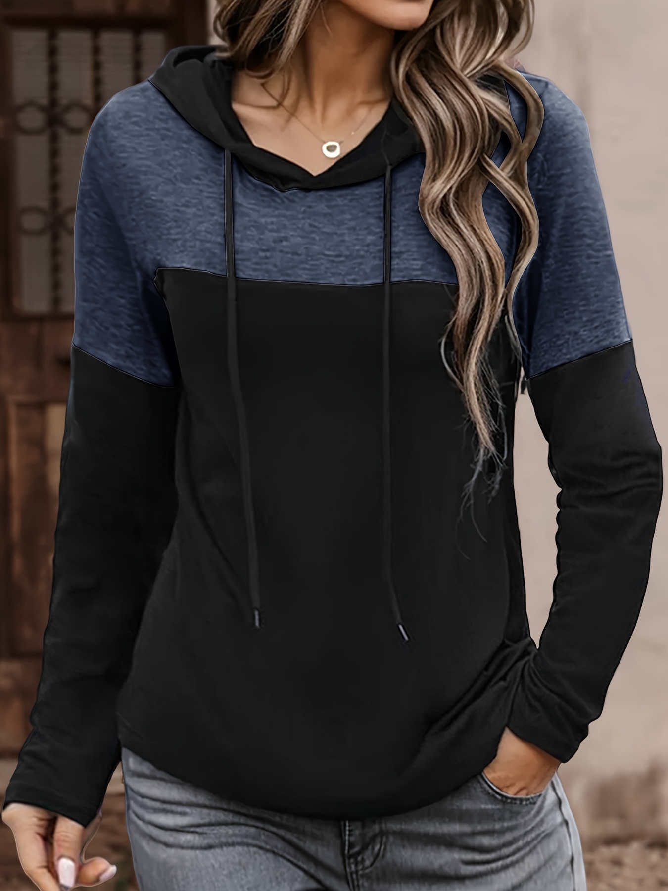 color block drawstring hoodie casual long sleeve hoodies sweatshirt womens clothing details 9